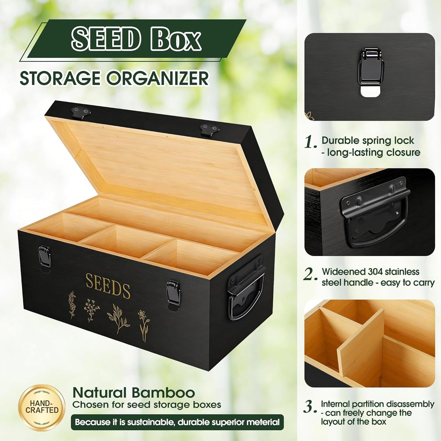 Bamboo Seed Storage Organizer, Large Garden Seed Organizer with Lid & Safety Lock & Handles, Seed Box Storage Organizer Includes Seed Envelopes and Labels etc, Great Gifts Gardening Kit (Black)