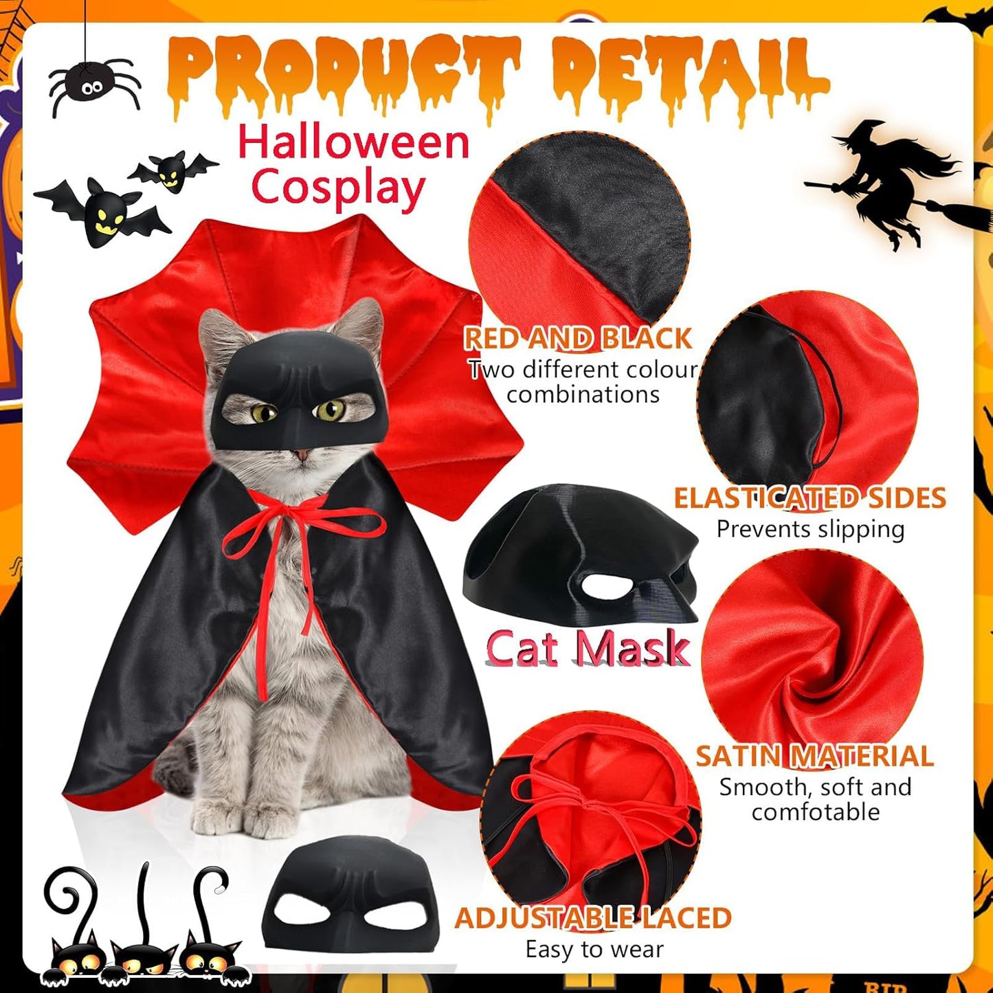Cat Costumes, Cat Mask Cape Vampire Cats Costume Dog Halloween Vampire Costume Funny Pet Devil Cape Cloak Costumes for Cats Dogs