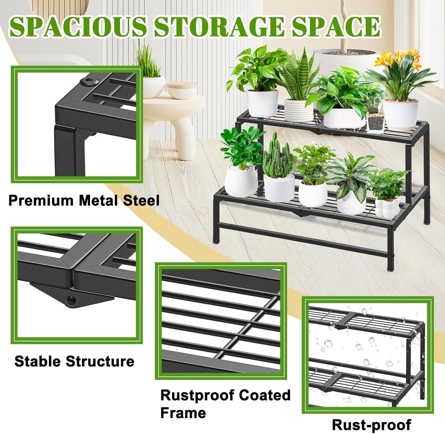 2 Tier Plant Stand Indoor Outdoor, Heavy Duty Metal Tall Plant Shelf for Multiple Flower Planter Holder, Ladder Pot Display Rack for Patio Garden Corner Balcony Living Room (Black)