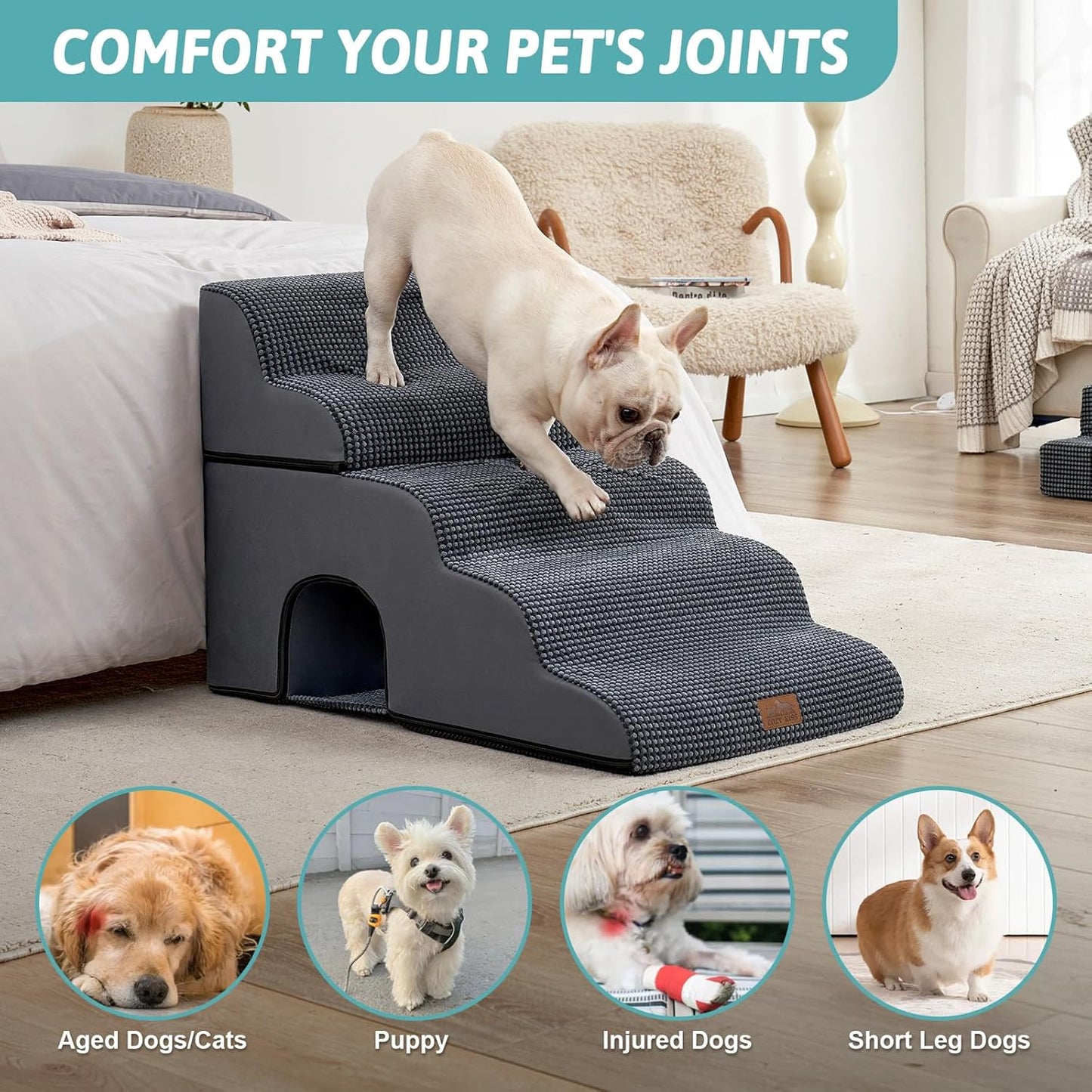 Dog Stairs with Tunnel, 5-Step Detachable Extra Wide Pet Stairs for Bed and Couch, 22.4" H Dog Step for Lowrider and Puppy, Elderly Cats, 17.7x33x22.4 inch, 5 Step, Dark Grey