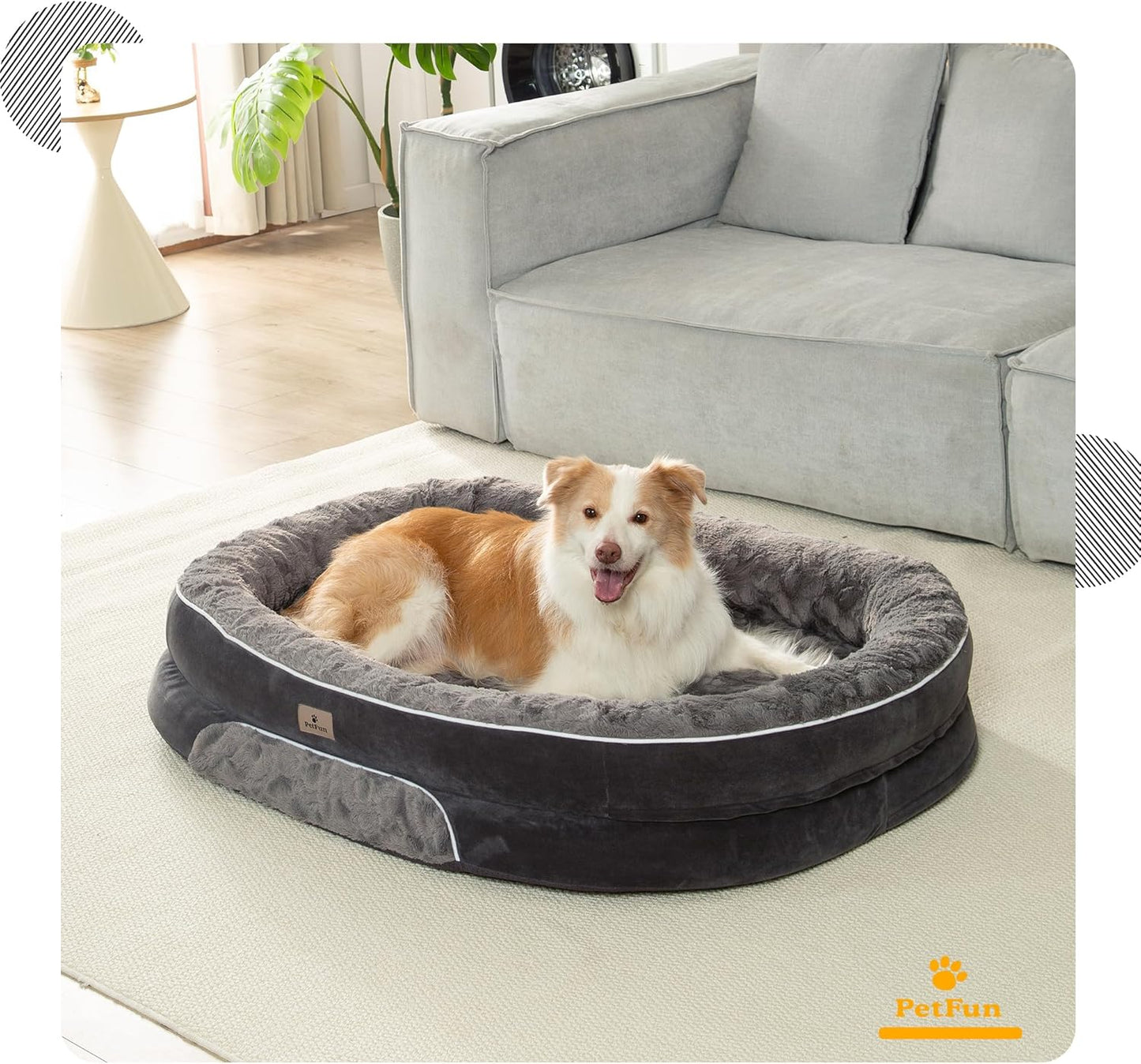 Orthopedic Dog Bed Couch for XLarge Plus Sized Pets with Egg Foam Support, Four-Sided Bolster Cushions, Soft Tear-Resistant Fabric, and Removable Machine Washable Plush Cover, 48'', Dark Gray