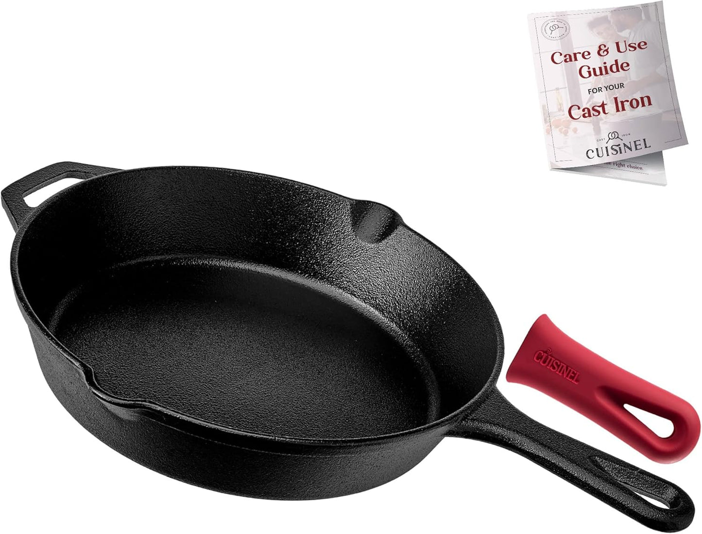 Cuisinel Cast Iron Skillet Set - 8" + 10" + 12"-Inch Pre-Seasoned Frying Pans + Silicone Handle Grip Covers - Indoor/Outdoor, Oven, Grill, Stove, BBQ, Fire, Induction Safe Kitchen and Camping Cookware