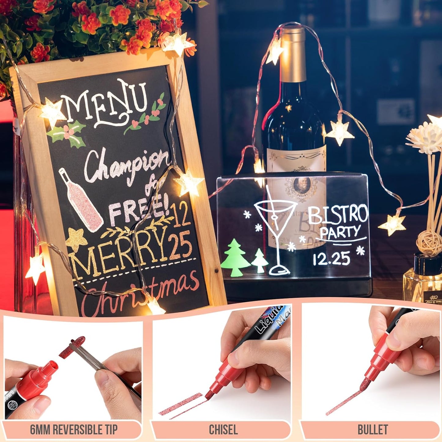 IJIANG Liquid Chalk Markers - Metallic 8Colors, Chalk Markers - 6mm Reversible Tip for Glass, Window, Cars, Chalkboard, Whiteboard, Blackboard Signs