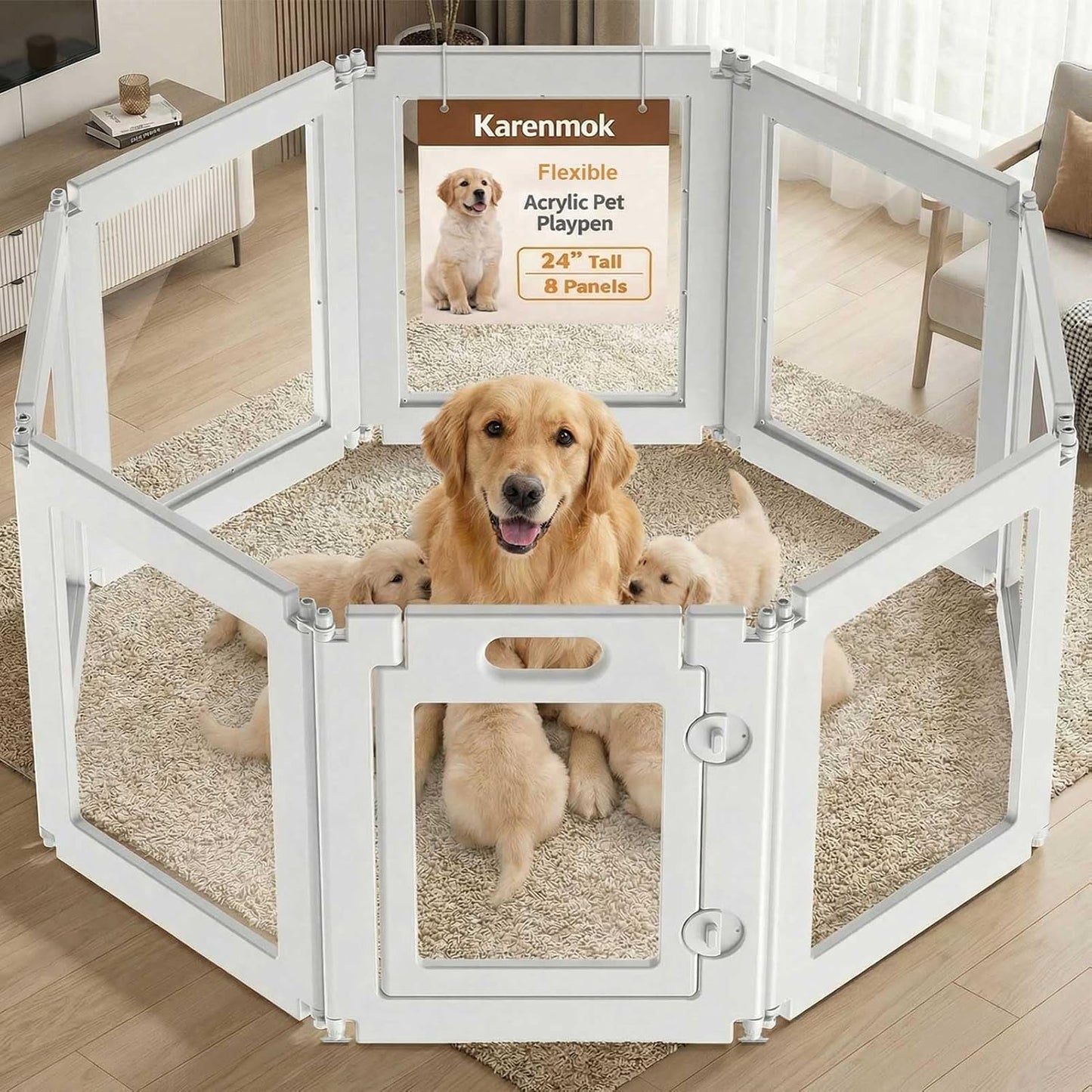 Karenmok 8-Panel DIY Pet Playpen with 360° Connectors, 24" Tall Clear & Foldable Dog Fence for Indoor Small Dogs & Puppies
