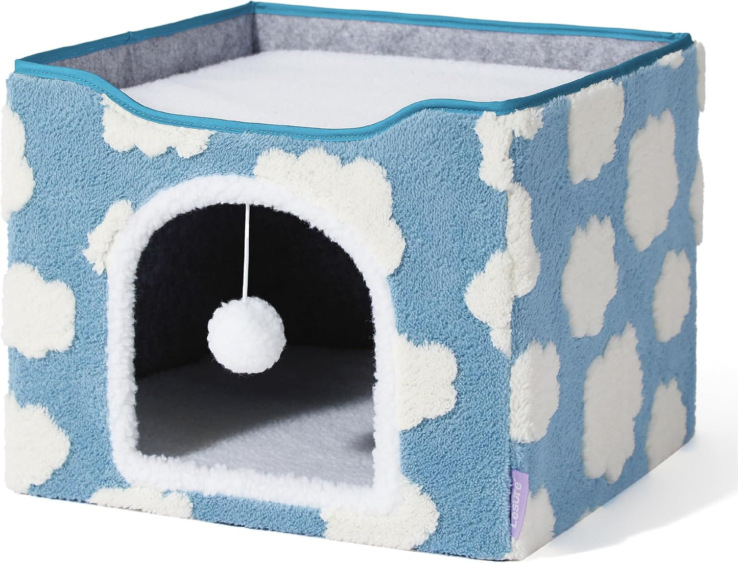 LE SURE Indoor Cat Beds Kitten House - Large Cat Cave for Pet Cube with Fluffy Ball Hanging, Foldable Small Aminal Hideaway, 17 Inches, Cozy Clouds Blue