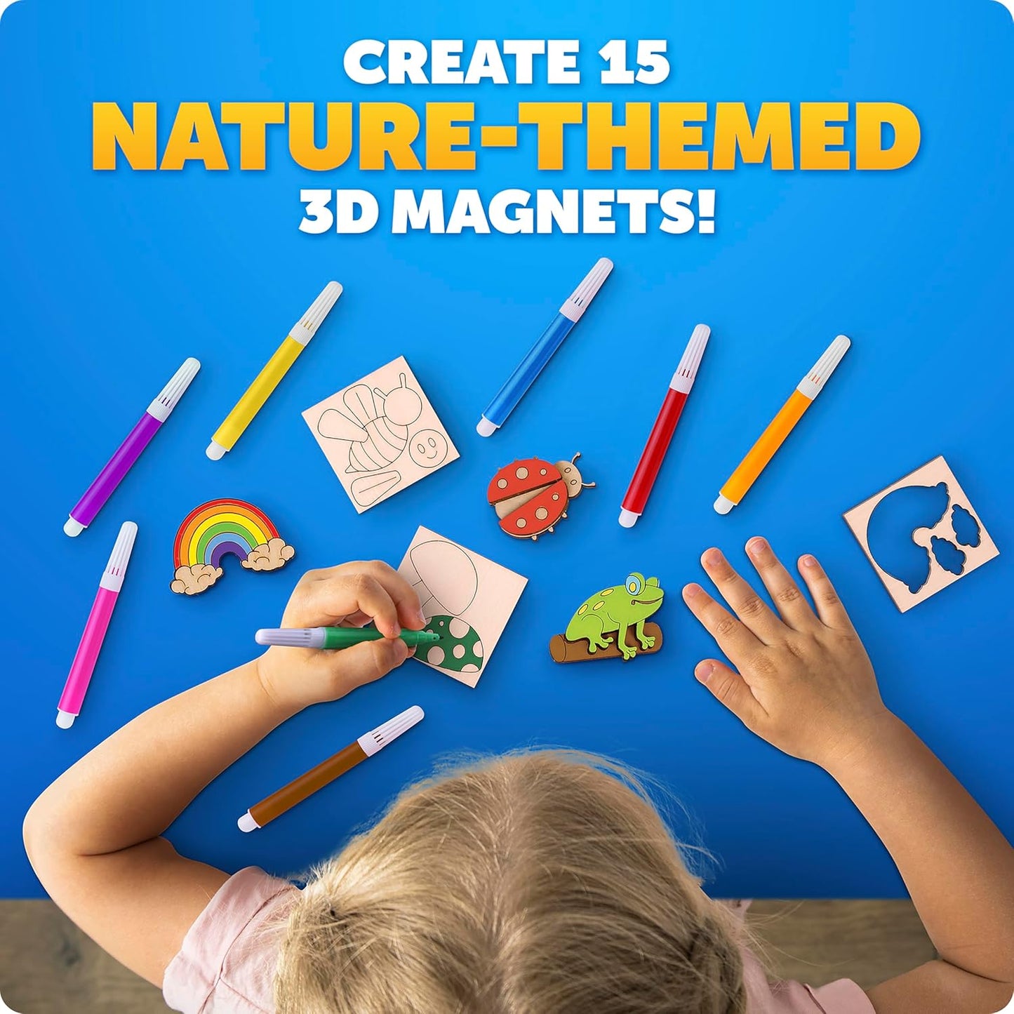 Blue Marble Wooden Magnet Craft Kit - Create & Paint 15 Nature-Themed Designs with 8 Watercolor Pens, Art Kit, DIY Magnets Project for Kids, Painting Activity, Easter Basket Stuffers