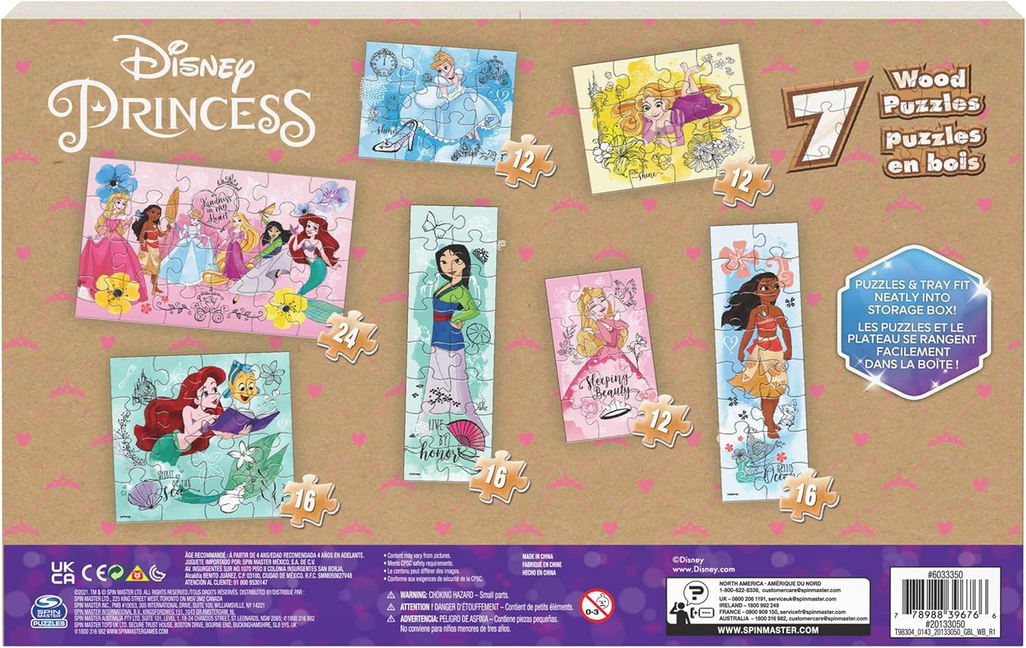 Spin Master Games, Disney Princess Puzzles, 7-Pack, Jigsaw Kids Puzzles, 12, 16, & 24 Pieces, Featuring Ariel, Tiana, Rapunzel, Pocahontas, Storage Tray, Easter Gift, for Ages 4 & Up