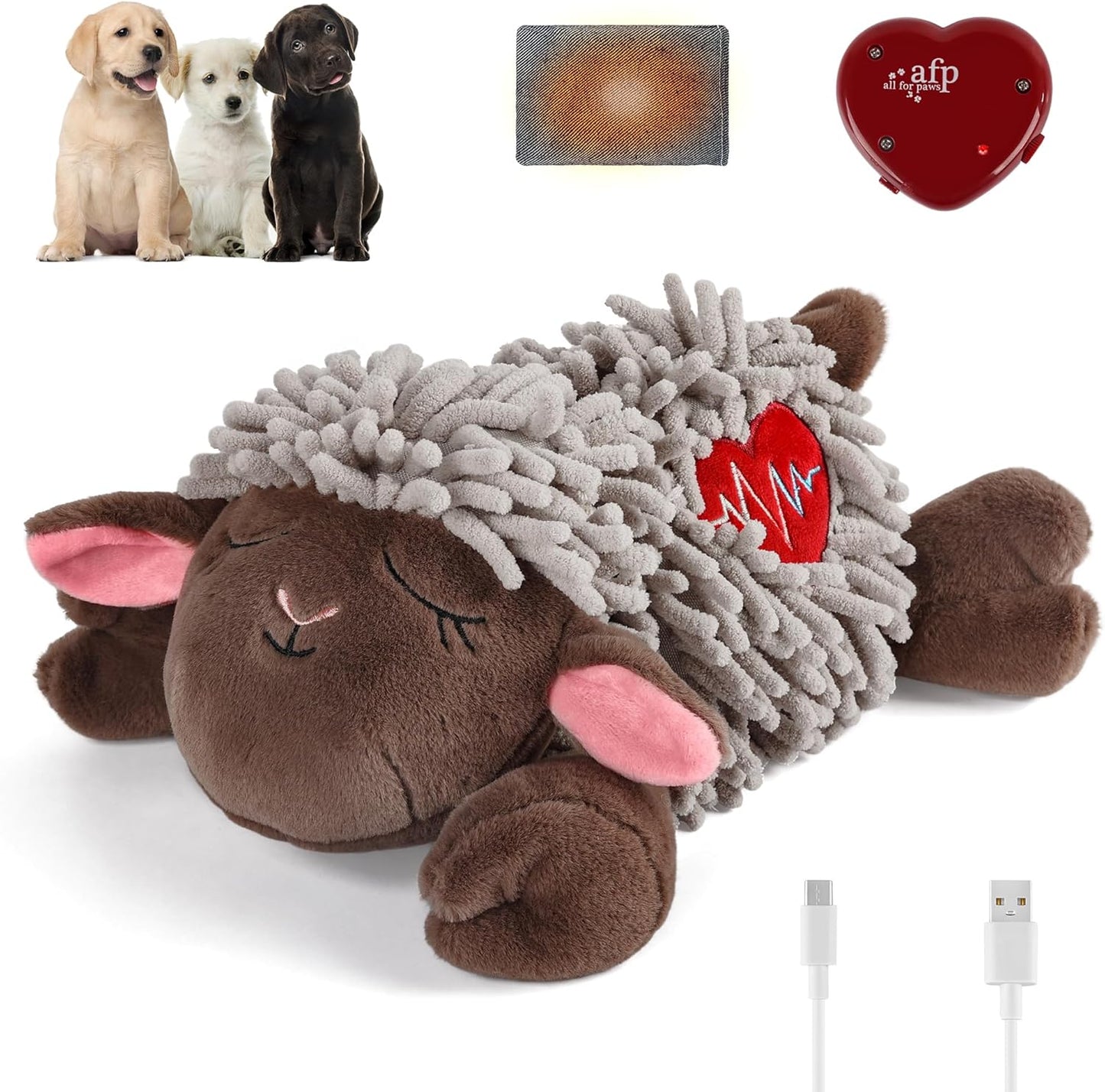 ALL FOR PAWS Heartbeat Dog Toy for Sleep Aid, Stuffed Animal Plush Toy for Puppy Anxiety Relief & Behavioral Training, Snuggling Plush Toy with Warm Bag & Adjustable-Speed Heartbeat, USB Rechargeable