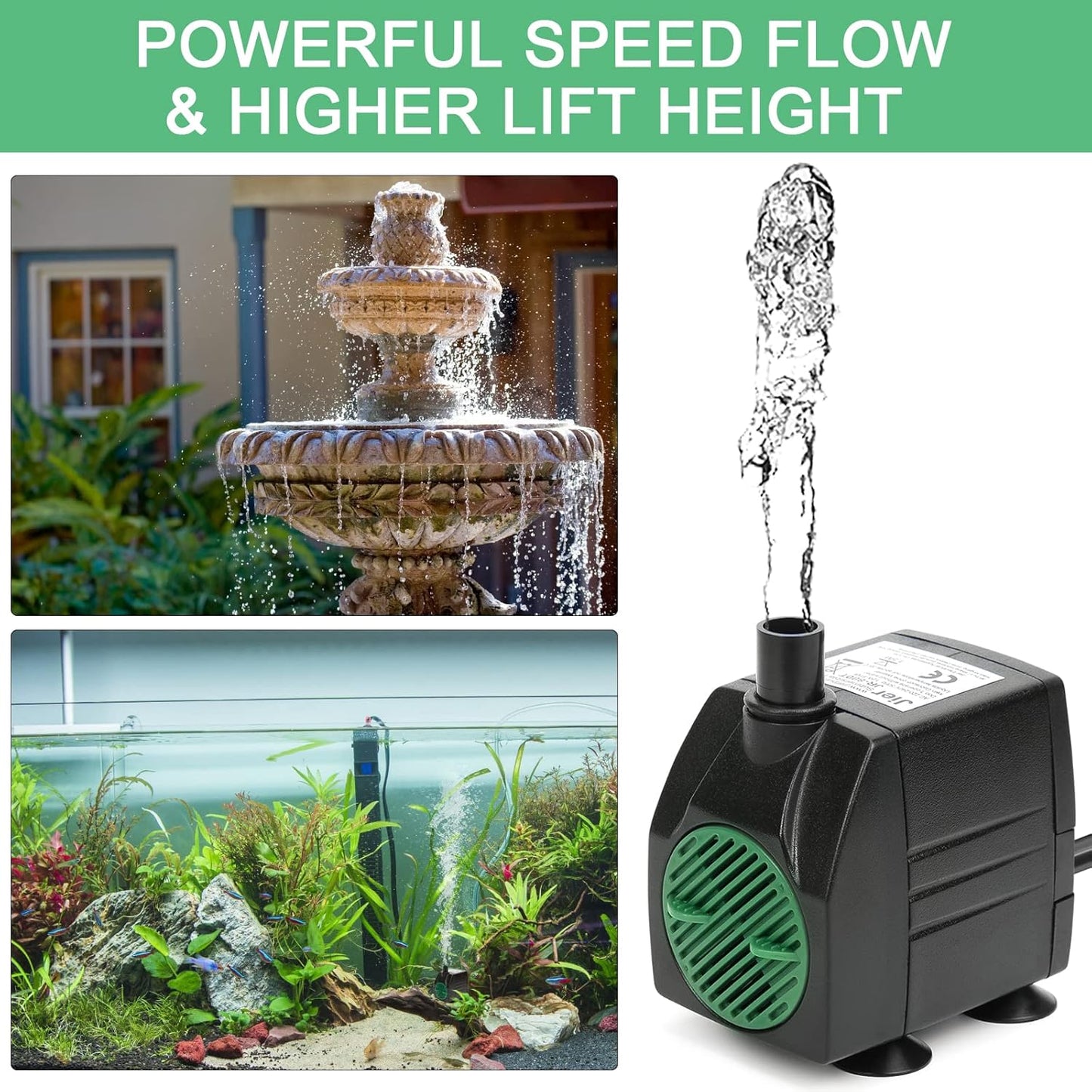 BARST Submersible Water Pump,Ultra Quiet 160GPH Aquarium Pump Adjustable Fountain Pump with 3 Nozzles and 6ft Power Cord for Fish Tank, Pond, Hydroponics,Outdoor Waterfall (600L/H,12W)