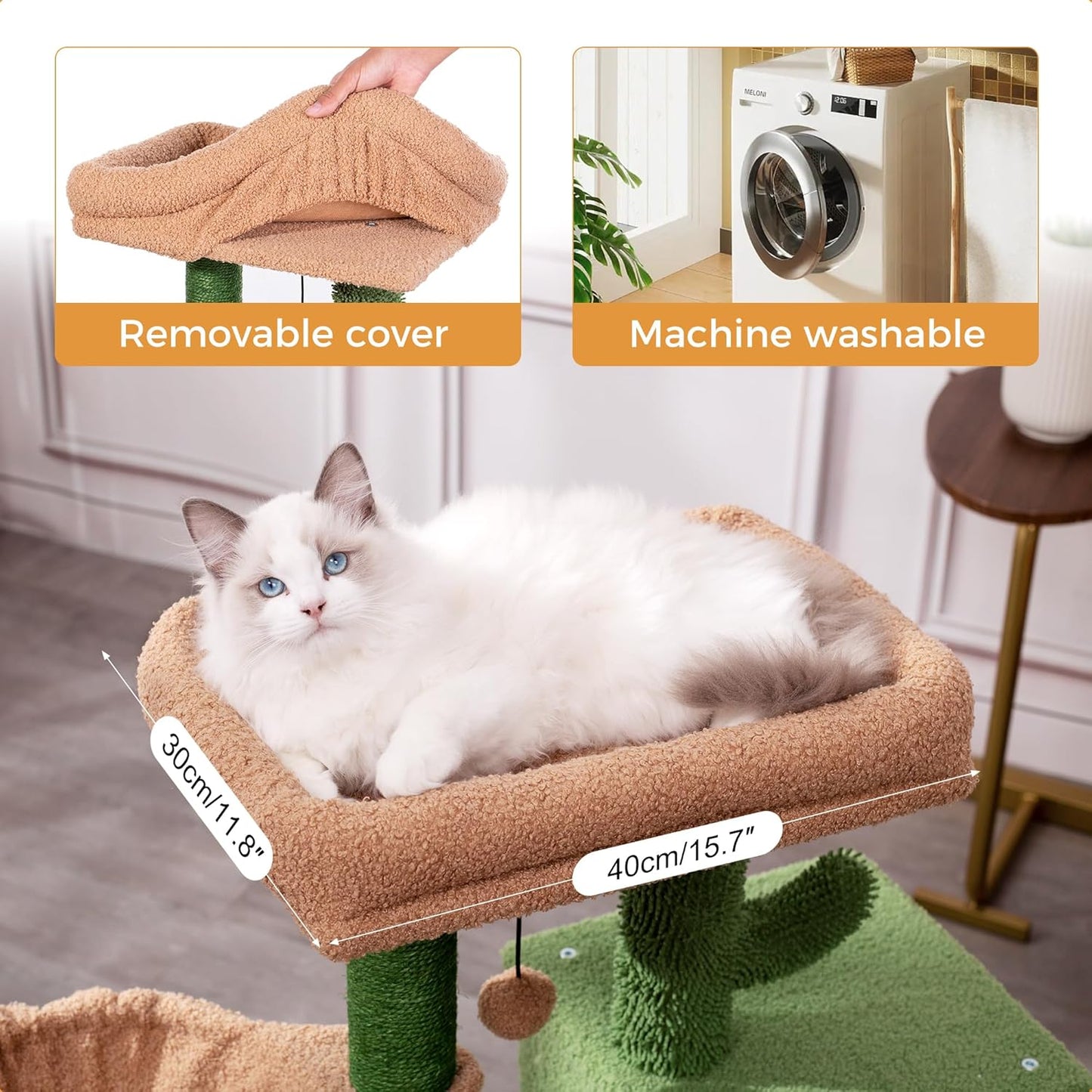 Cactus Cat Tree Small Cat Tower with 32 Inches Scratching Post with Cats Condo House, Cozy Hammock and Removable Top Bed and Dangling Ball for Indoor Cats-34” Green