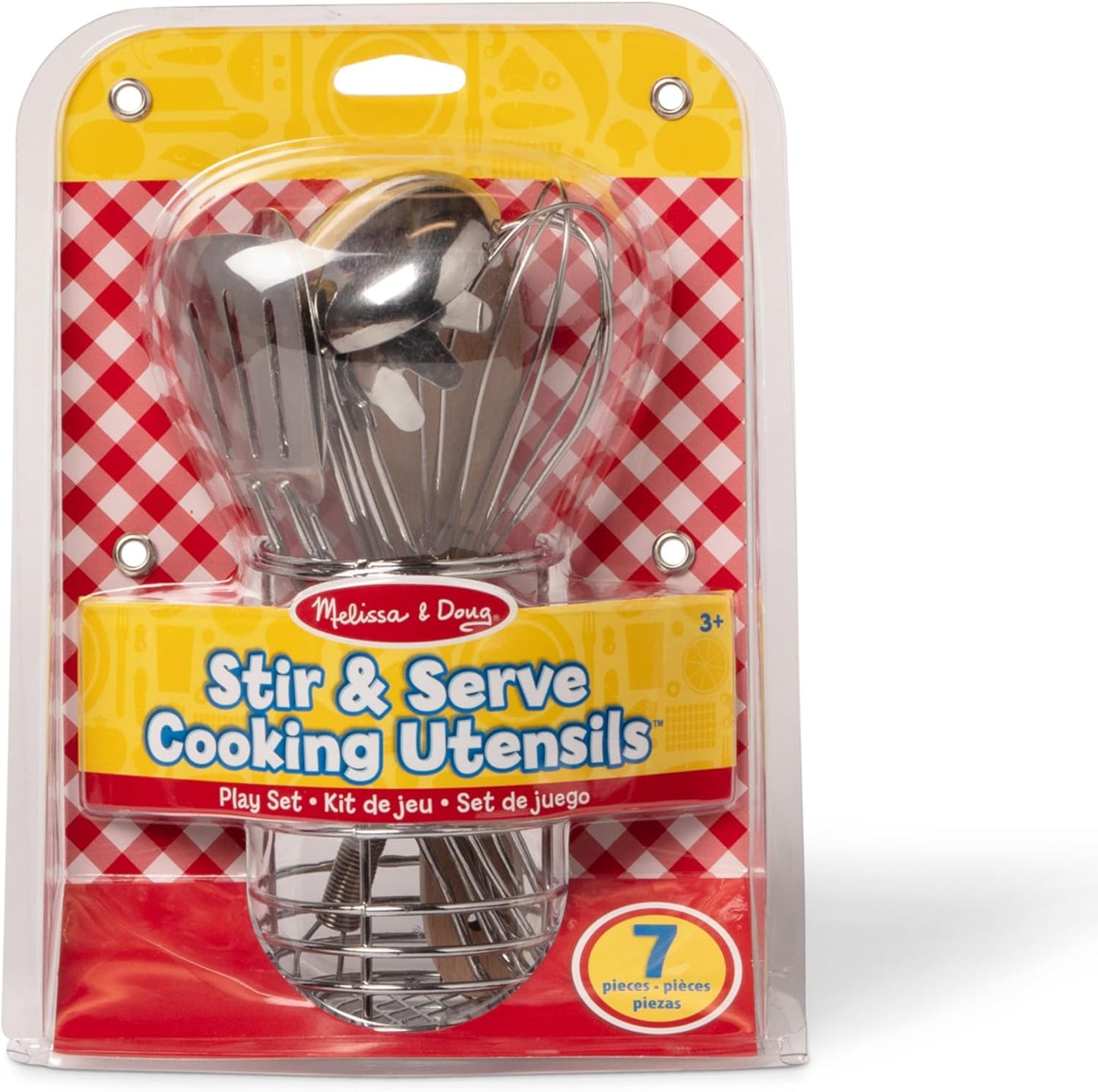 Melissa & Doug Stir & Serve Cooking Utensils (7 pcs) - Stainless Steel & Wooden Play Kitchen Accessories, Preschool Learning Toys for Girls & Boys 3+