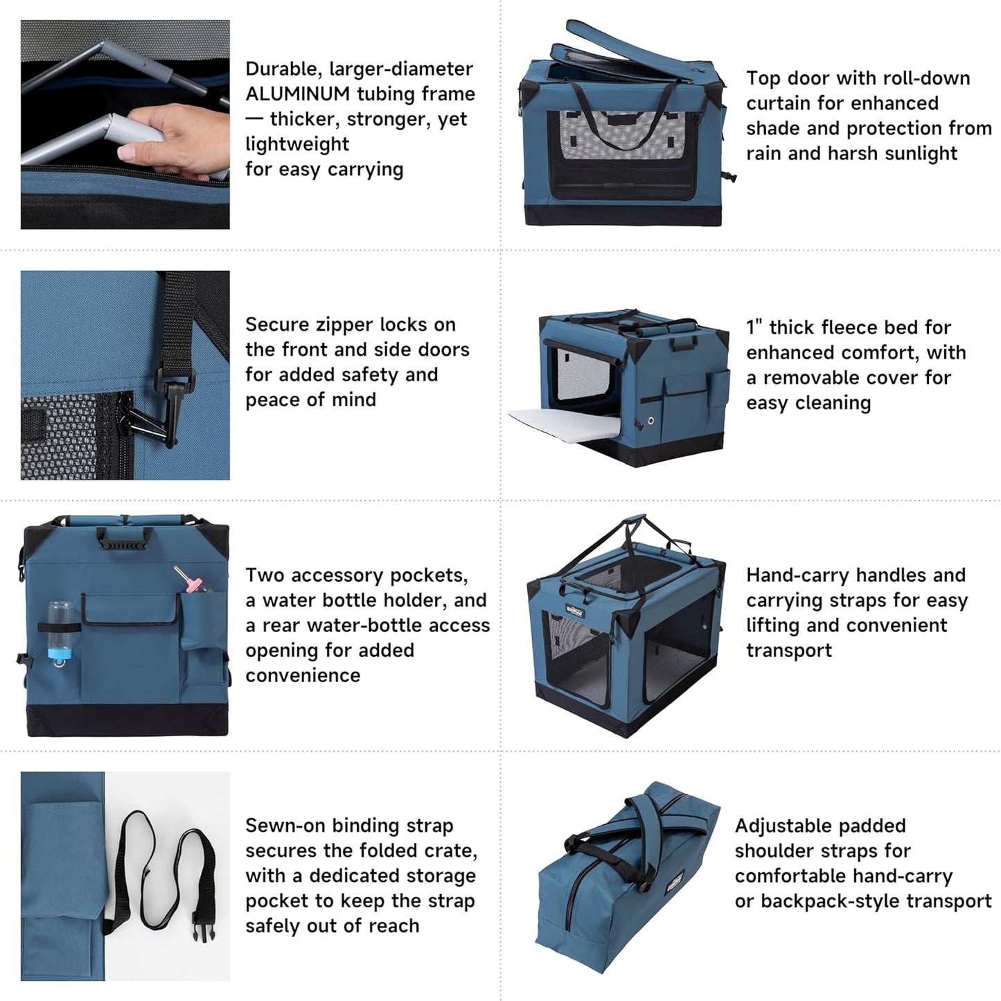 EliteField 4-Door Folding Soft Dog Crate (2-Year Warranty) with Aluminum Frame, Top Curtain, Carrying Bag, and Fleece Bed, Indoor & Outdoor Pet Home (30" L x 21" W x 22" H, Blue Gray)