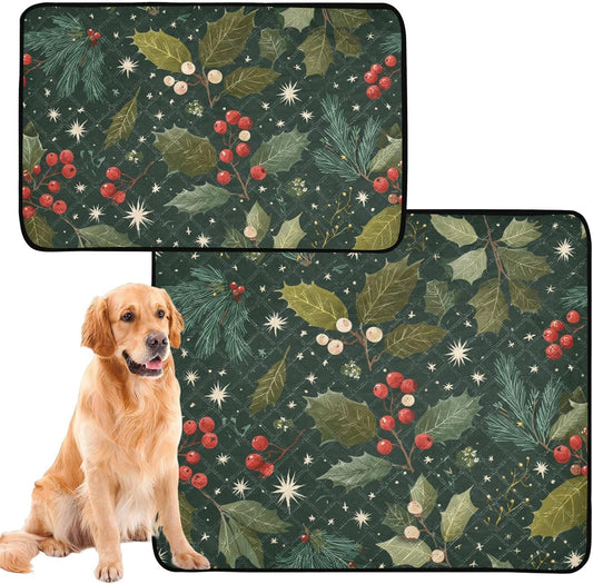 Green Christmas Holly Berries Pine Needles Leaves Washable Pee Pads for Dogs Reusable Puppy Pad 3Pack Super Absorbent Non Slip Lightweight Protect Small Pet Pads Couch Playpen Housebreaking 2