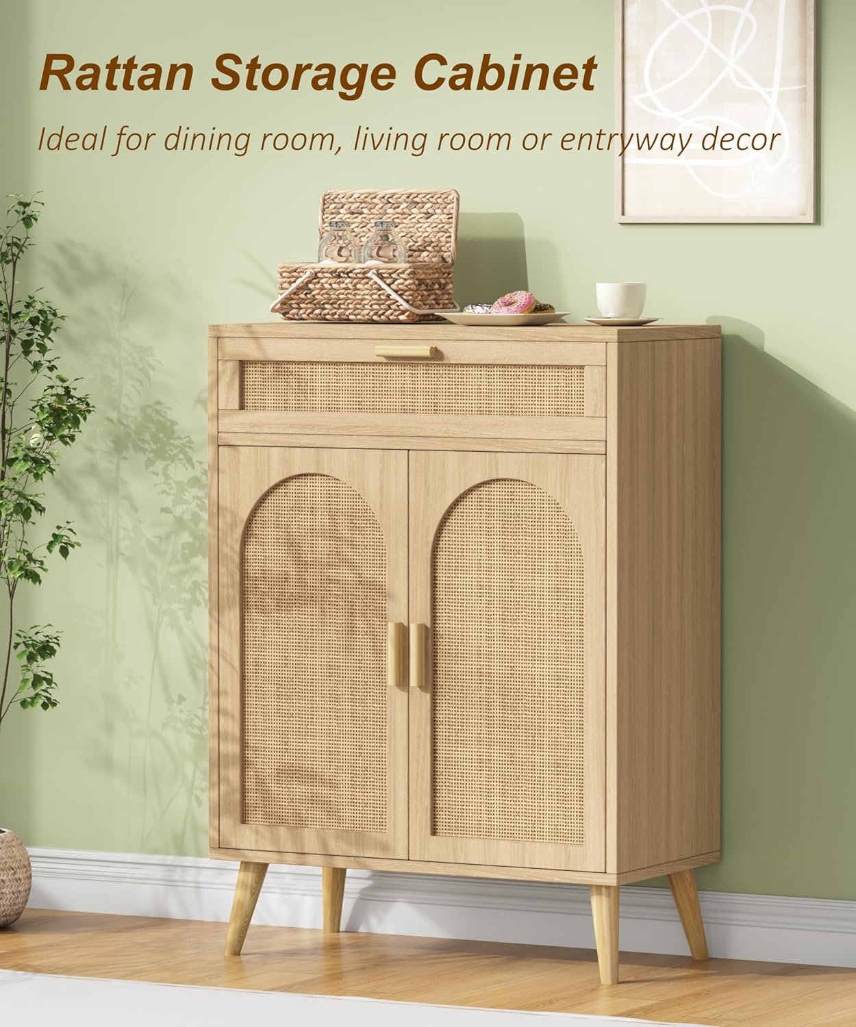 Rattan Buffet Cabinet with Storage, Sideboard with Drawer & Adjustable Shelf, Accent Kitchen Floor Storage Cabinet with 2 Doors & Solid Wood Feet, Coffee Bar for Living Room, Entryway, Natural Oak