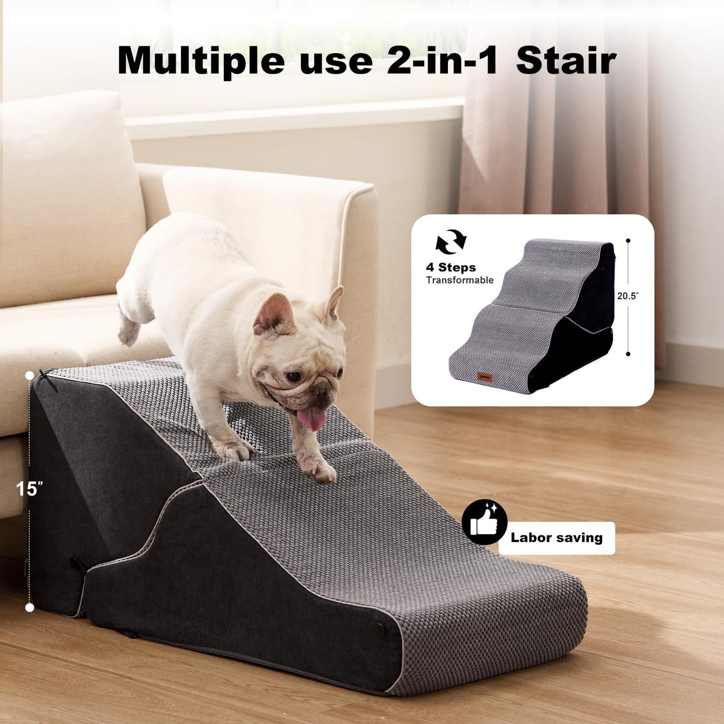 Dog Ramp for Bed - 21" H 2-in-1 Transformable 4 Steps Dog Stairs and Ramp, Pet Steps for Couch with Non-Slip Waterproof Cover, Black
