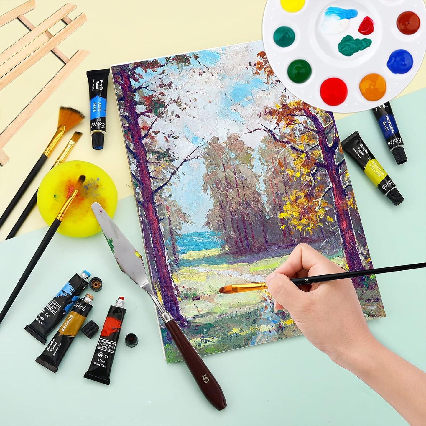 Acrylic Paint Set,56 PCS Professional Painting Supplies with Paint Brushes, 36 Colors Acrylic Paints, 1 Easel, 2 Painting Canvases, Palette, Paint Knives and Art Sponges for Hobbyists and Beginners