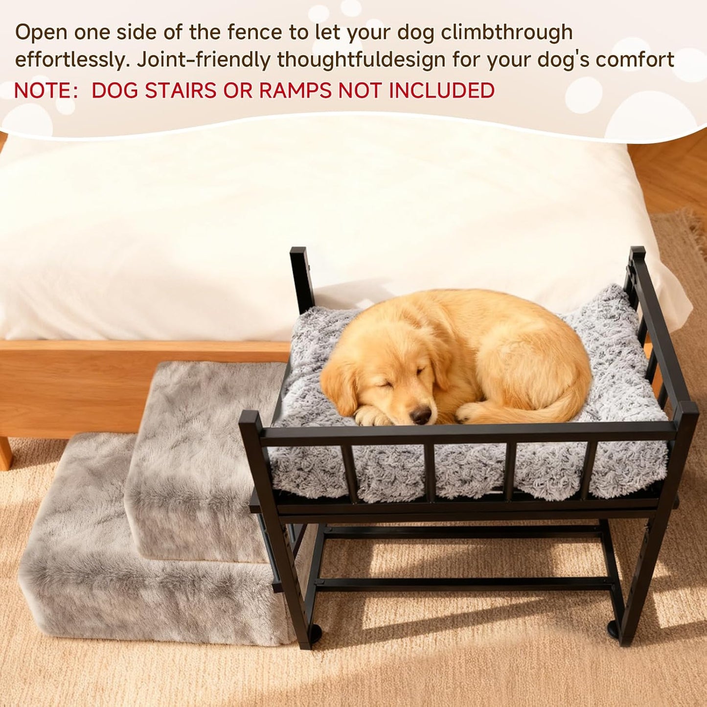 Beside Dog Bed and Mattress Set - Metal Three-Sided Fence Pet Dogs Bed Frame, Adjustable Height Dogs Bed Extension Attachment for Human Bed, for Small/Medium Puppy(25.5''L x 17.7''W)
