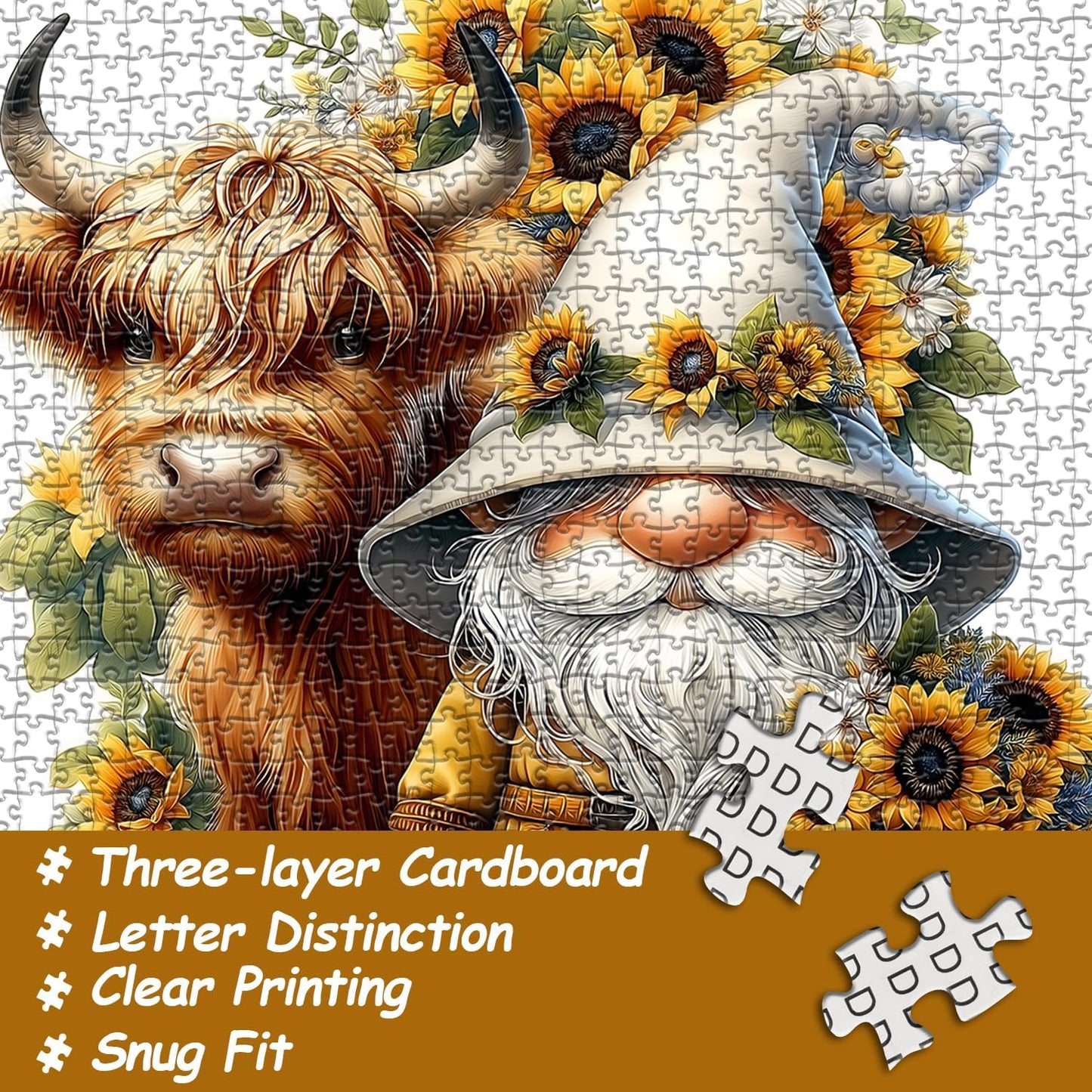 Highland Cow Gnome Puzzles for Adults 1000 Pieces, Nature Sunflower and Cow Puzzles, Animal Plant Floral Themed Jigsaw Puzzles Challenging for Adults