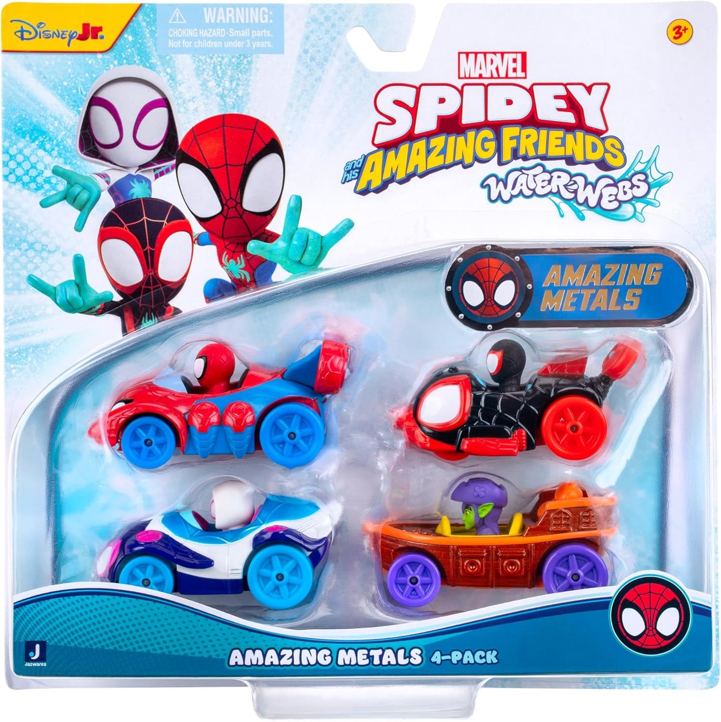 Marvel Spidey and His Amazing Friends Amazing Metals 4 Pack - Four 3-Inch Die-Cast Water-Webs Vehicles with Built-in-Characters