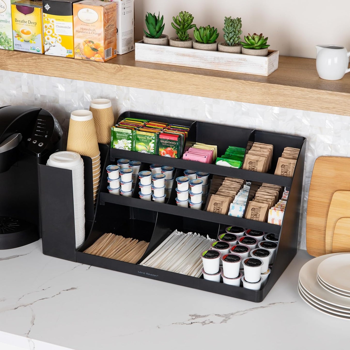 Mind Reader Extra Large Cup and Condiment Station, Countertop Organizer, Coffee Bar, Kitchen, Stirrers, 24"L x 11.5"W x 12.5"H, Black