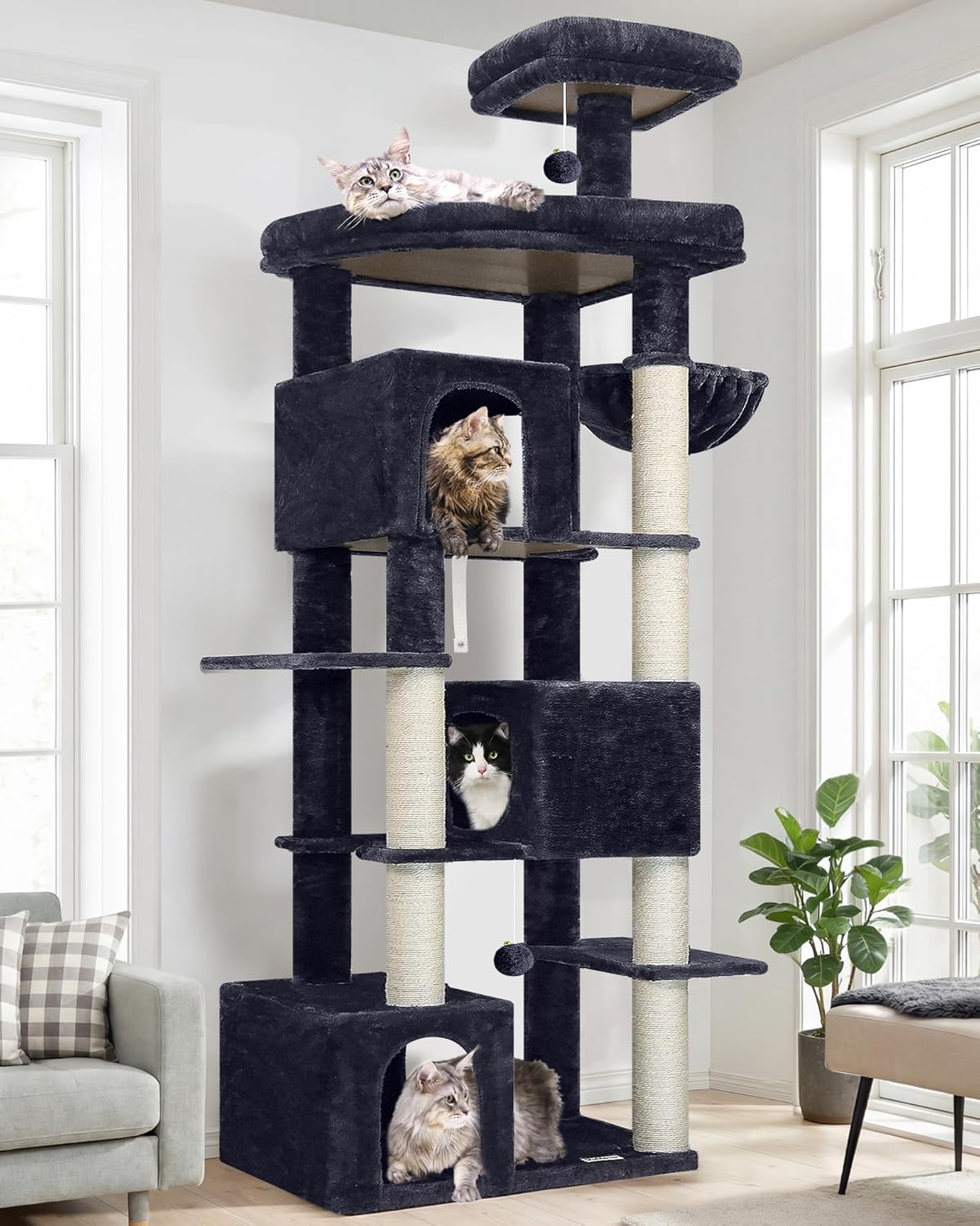 Globlazer Cat Tree for Indoor Cats, 80in Heavy Duty Cat Tower with 6 Full Wrapped Sisal Scratching Posts, 3 Spacious Multi-Level Cat Condos, Oversized Fan-Shaped Perch, S80, Dark Grey