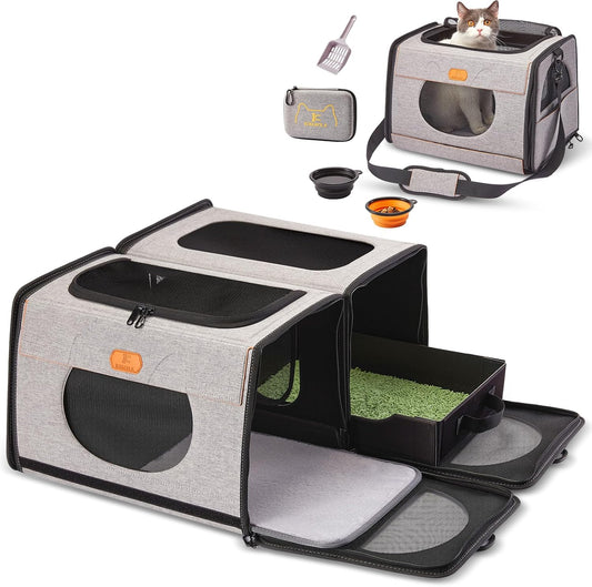 IC ICREATE.X Large Cat Carrier with Litter Box for Car Travel, Pet Carrier Bag 2-in-1，Double Cat Travel Transport Carrier for Long Distance, Collapsible Dog Crate, Cat Bag for Kitten 2 Cats