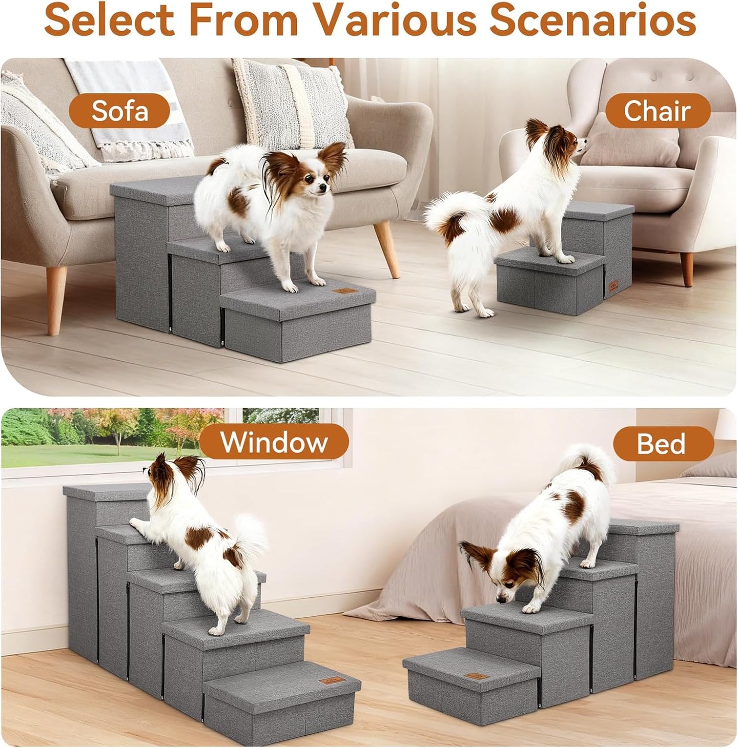 Dog Stairs 18" H, 3-Step Wider Dog Steps for High Beds Couch, Folding Storage Pet Stairs Gift for Small/Medium/Large Old Dogs Cats, Ramp for Climbing Car Up to 200 lbs, (Gray, with Condo)