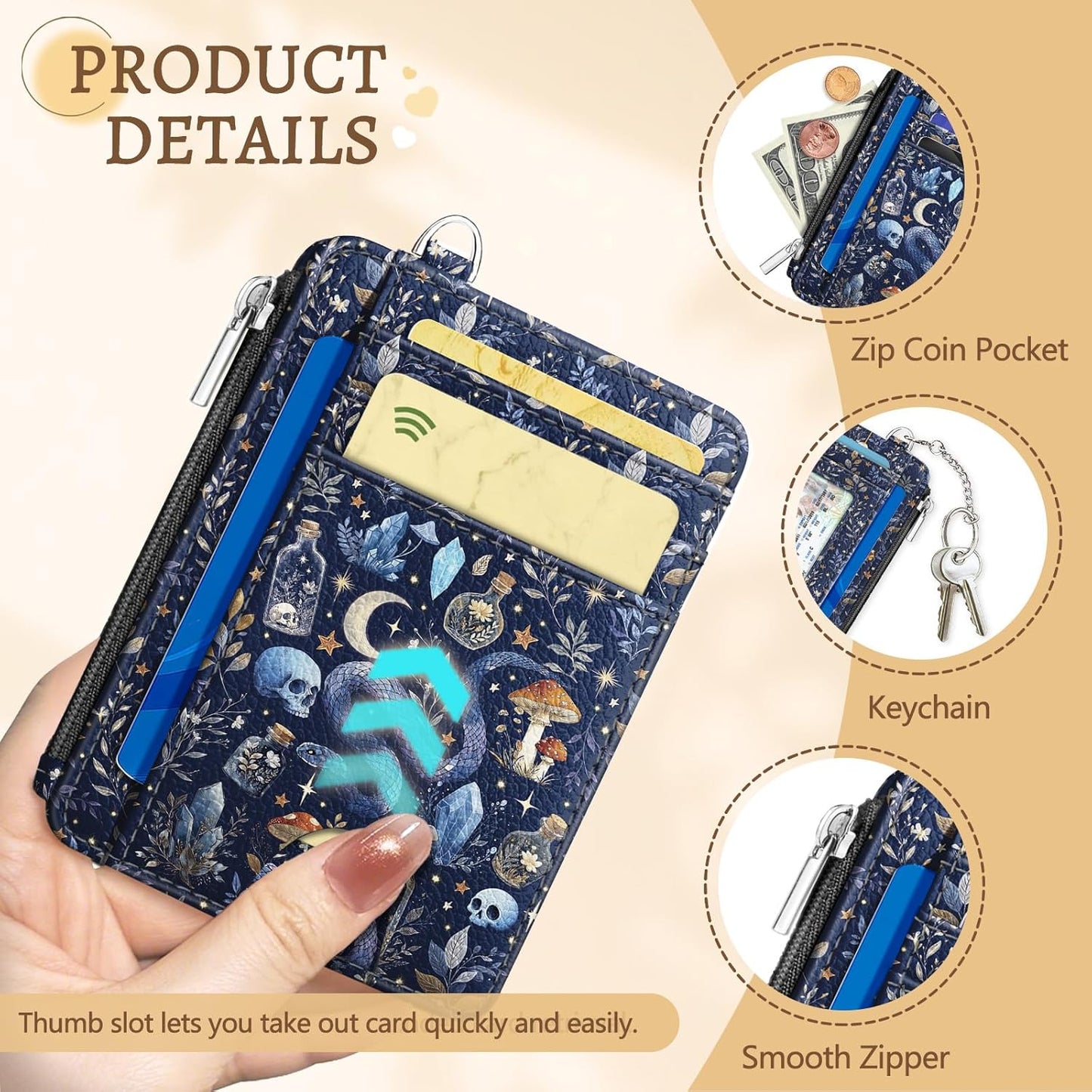 Goth Mushroom Credit Card Holder Slim Wallet Women，Witchy Skull Gothic Night RFID Blocking Small Wallet Woman Keychain with Zipper Coin Pocket, Front Pocket Thin Travel Ladies Card Case with ID Window