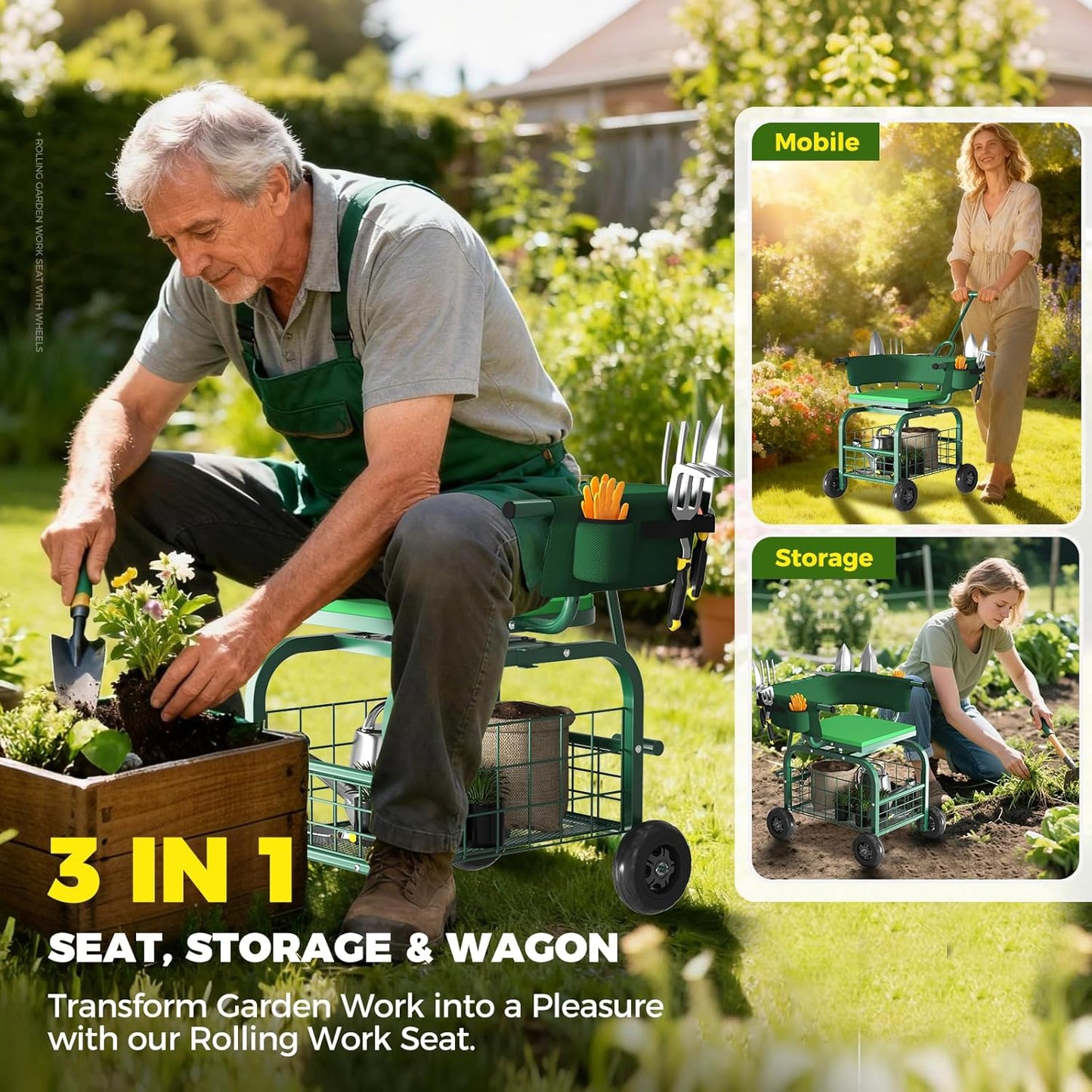 Suntee Garden Seat with Wheels, Rolling Gardening Stool with 360° Swivel Seat & Backrest,Tool Storage Basket & Back Tool Pouch, Adjustable Handle, Outdoor Gardening Scooter, Garden Cart for Seniors