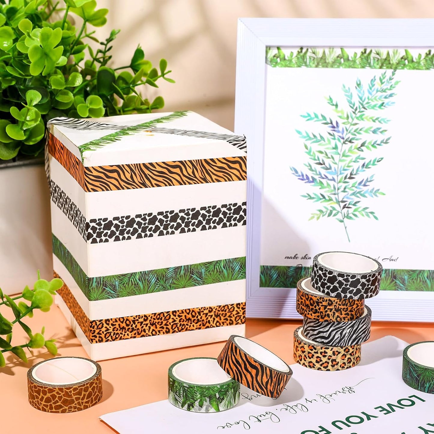 Whaline 8 Rolls Animal Prints Washi Tape Safari Decorative Masking Tape Set Leopard Zebra Tiger Giraffe Greenery Wrapping Paper Tape for Scrapbook Journal DIY Art Crafts