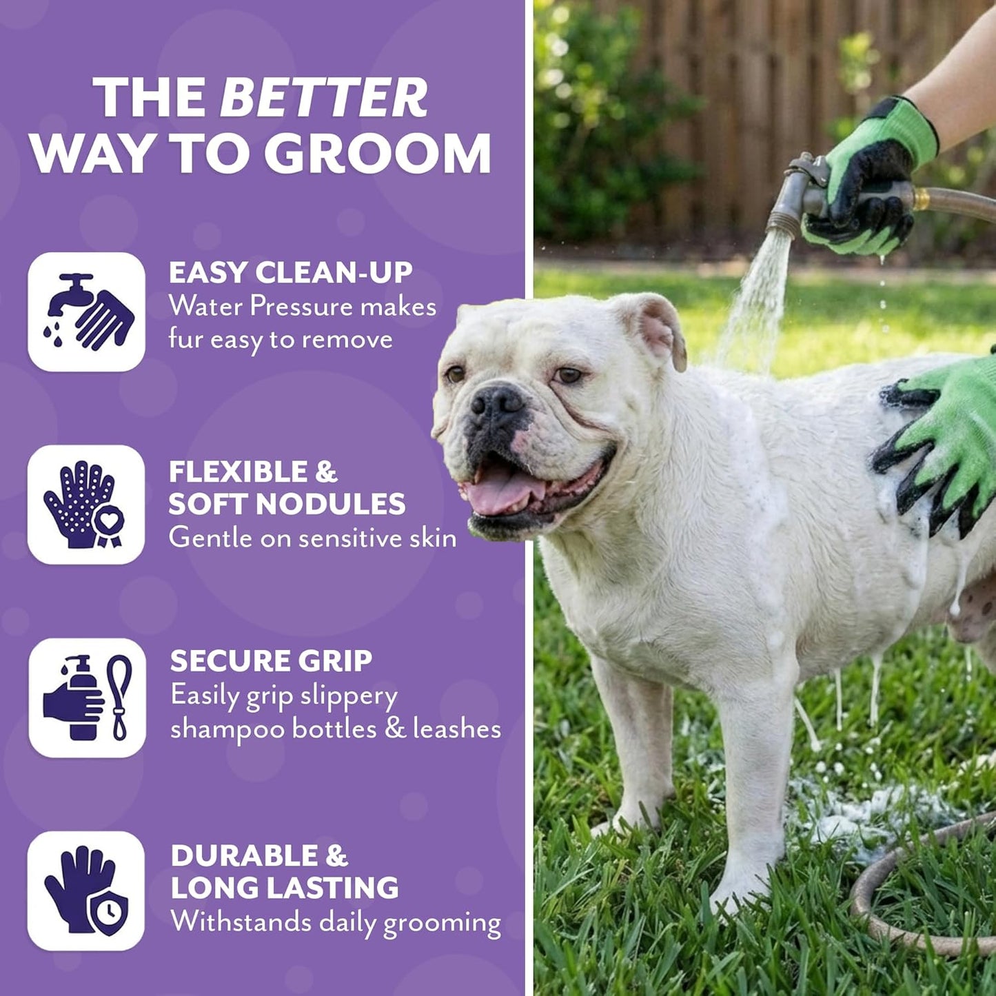 H HANDSON Pet Grooming Gloves - Patented #1 Ranked, Award Winning Shedding, Bathing, & Hair Remover Gloves - Gentle Brush for Cats, Dogs, and Horses (Purple, Medium)
