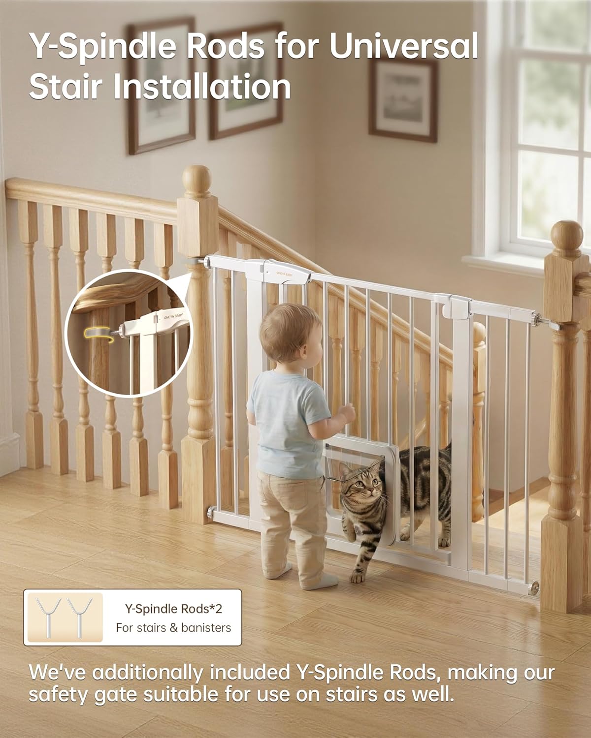 Baby Gate with Cat Door, 29.92-48 ” Wide Baby Gate for Stairs, Pressure Mounted Gate No Drill, Auto Close Dog Gate for Doorways, Easy Walk Through Safety Gates with Pet Door, Indoor, White