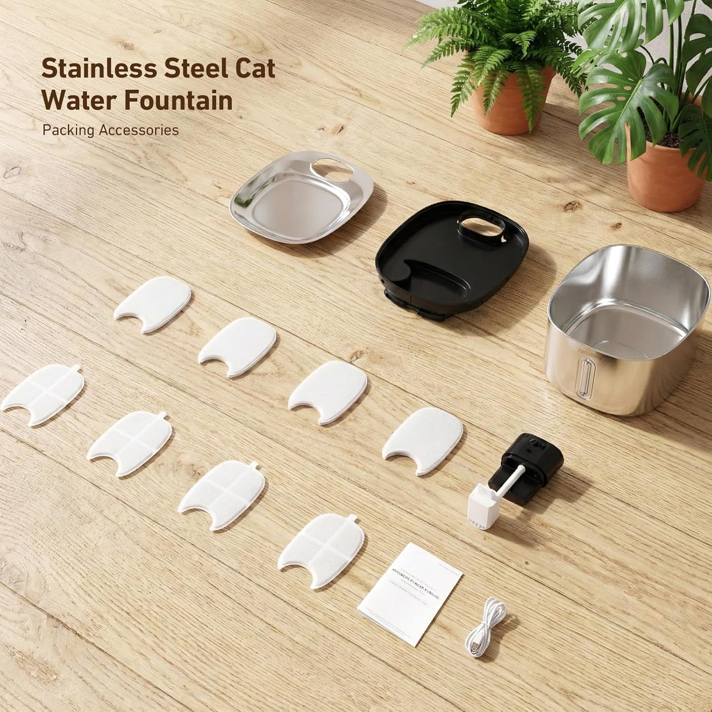 PartsBling Wireless Cat Water Fountain Stainless Steel, 4.2L/142 fl oz Cordless Pet Water Dispenser Bowl with 5000 mAh Rechargeable Battery with 4 Filters (Black Pump)
