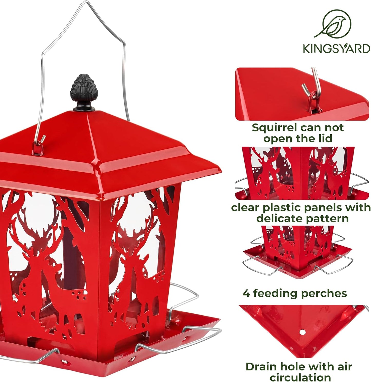 Kingsyard Metal Bird Feeder for Outdoor Hanging - Unique Design Wild Bird Hopper Feeder with 4 Perches and Rainproof Roof, Red