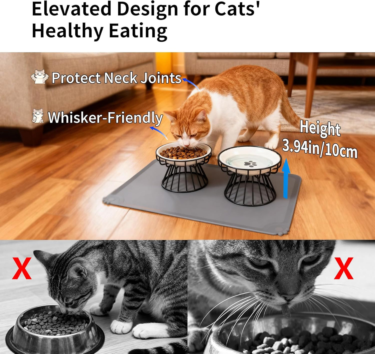 Elevated Ceramic Cat Food Bowl Set with Silicone Mat, Includes 2 Ceramic Bowls and 2 Bowl Stands Protects Neck and Whiskers, Leak-Proof Design, Dishwasher Safe Suitable for Cats and Puppies