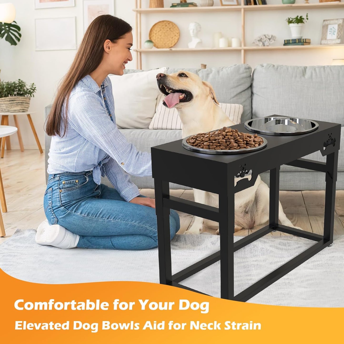 Elevated Dog Bowls Raised Pets Bowl Stand with 2 Large Water Food Bowls Wooden Elevated Raised Dog Bowls for Larger Medium Small Sized Dogs (Black Metal, Large 4L)