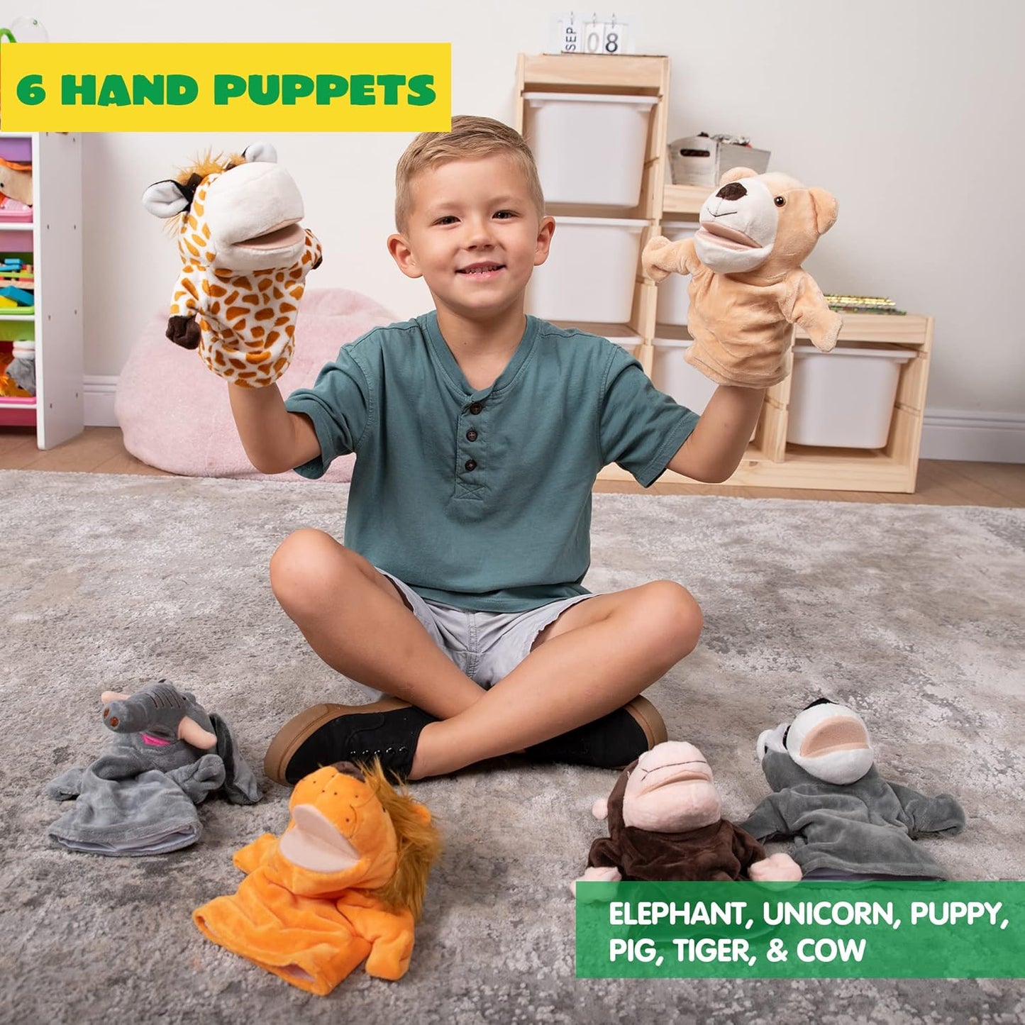 JOYIN 6Pcs Kids Hand Puppet Set with Working Mouth, Toddler Plush Toy Includes Elephant, Giraffe, Lion, Bear, Raccoon and Monkey for Show Theater, Easter Birthday Gifts for Kid