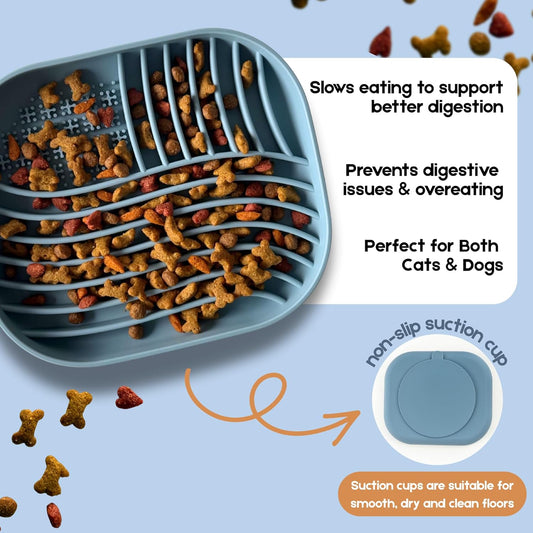 Slow Feeder Dog Bowl - Non Slip Silicone Puzzle Mat for Dogs & Cats, Dishwasher & Microwave Safe, for Wet and Dry Food, 9 oz, Dusty Blue