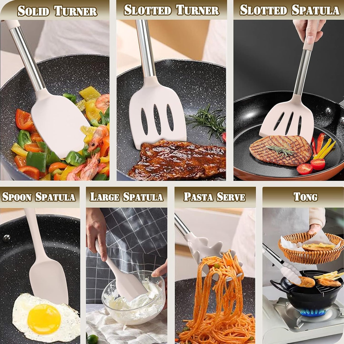 Umite Chef Silicone Kitchen Cooking Utensil Set, 43 pcs Spatula Set with Stainless Steel Handle, Non-stick Heat Resistant - Best Cookware Set-(Khaki)