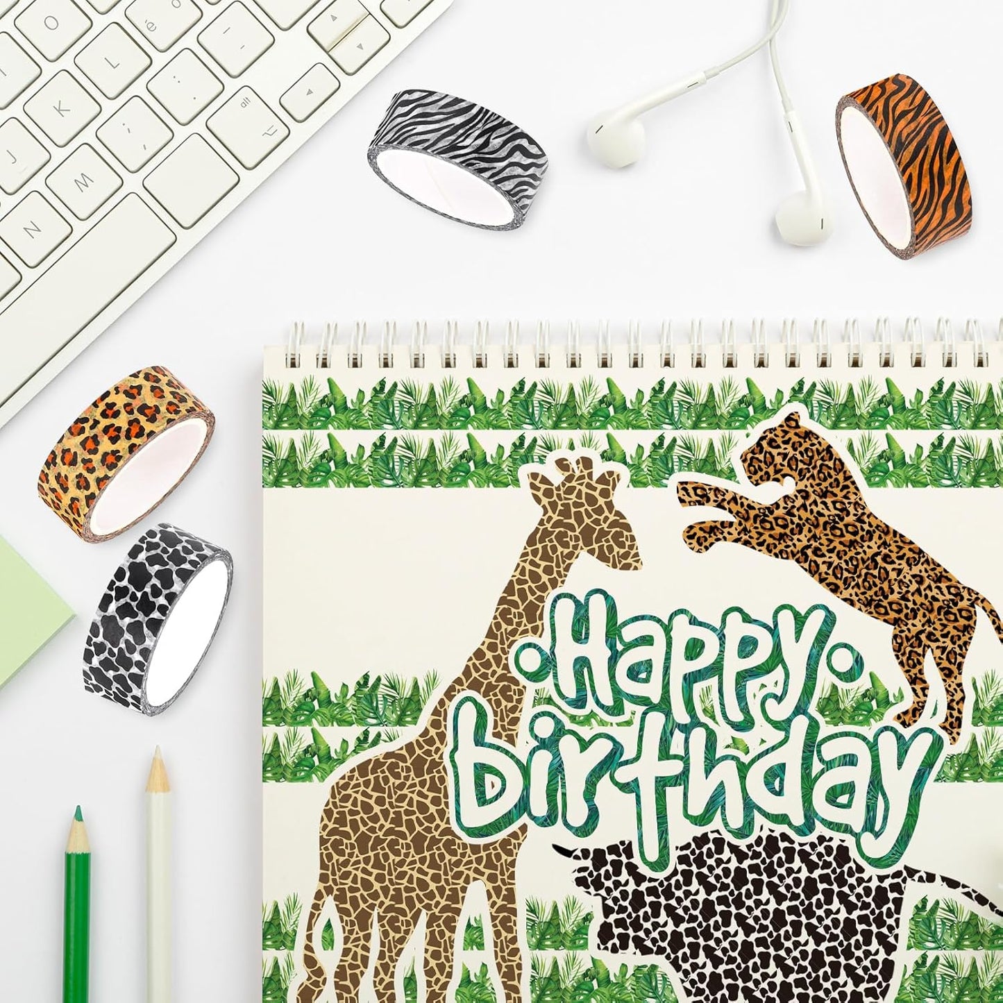 Whaline 8 Rolls Animal Prints Washi Tape Safari Decorative Masking Tape Set Leopard Zebra Tiger Giraffe Greenery Wrapping Paper Tape for Scrapbook Journal DIY Art Crafts