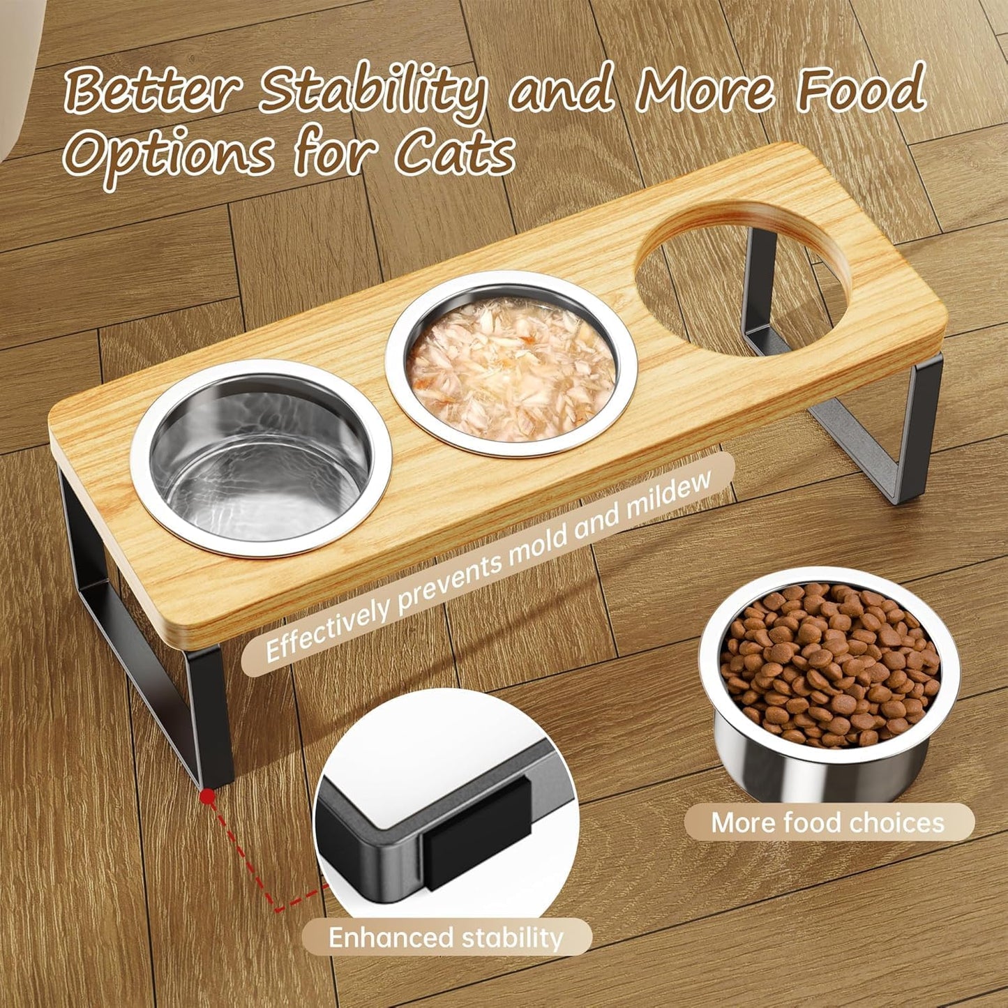 2 Pack Elevated Cat Bowls with 3 Stainless Steel Bowls | 10° Tilted Anti-Vomiting Raised Cat Food Bowl for Small Cats and Puppies Pet Bowl with Stand