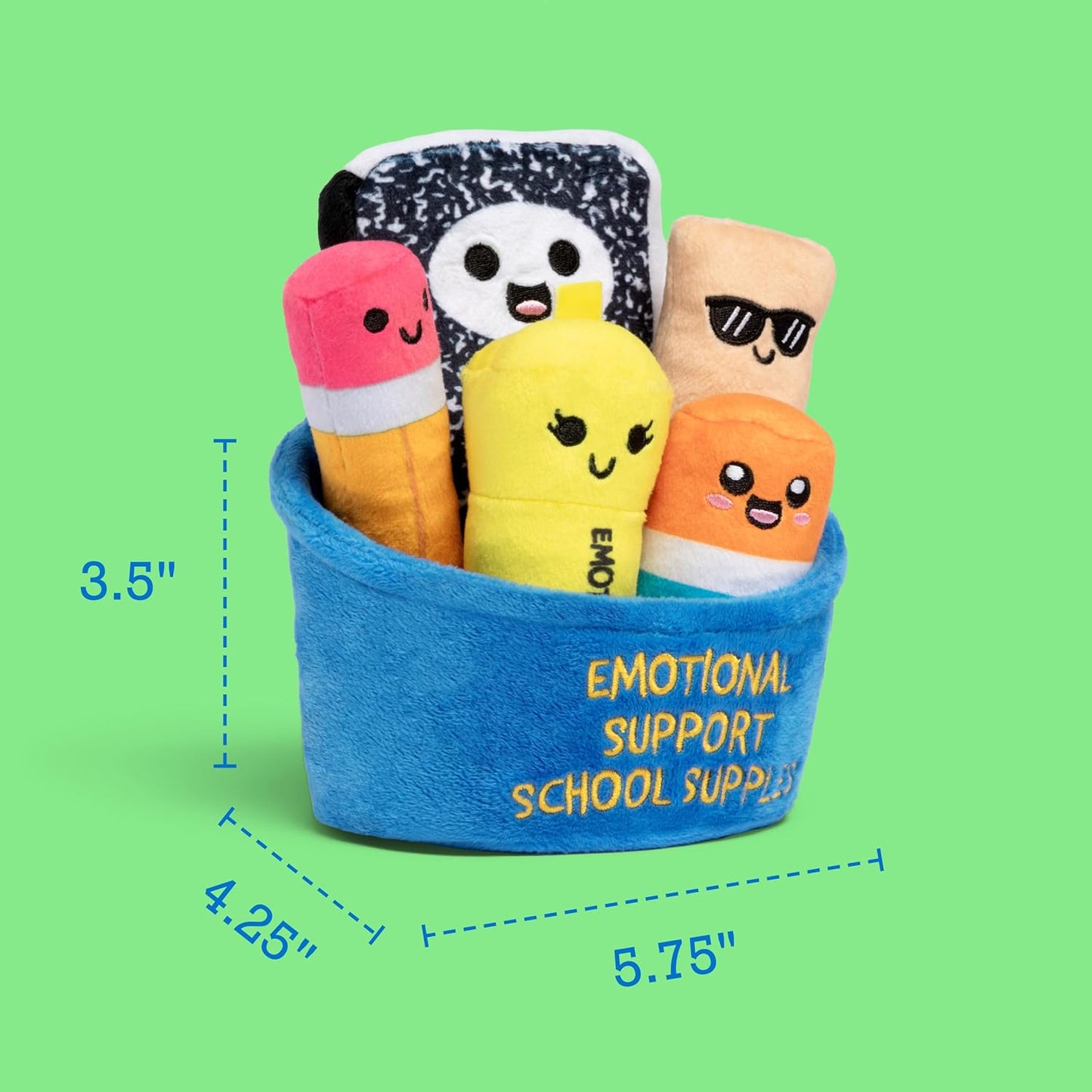 Emotional Support School Supplies Plush by Relatable - Cute Stuffed Animals and Squishy Toys, Fun Gift Ideas for All Ages, and Your Favorite Teacher - Includes 5 Plushies with Carrying Basket