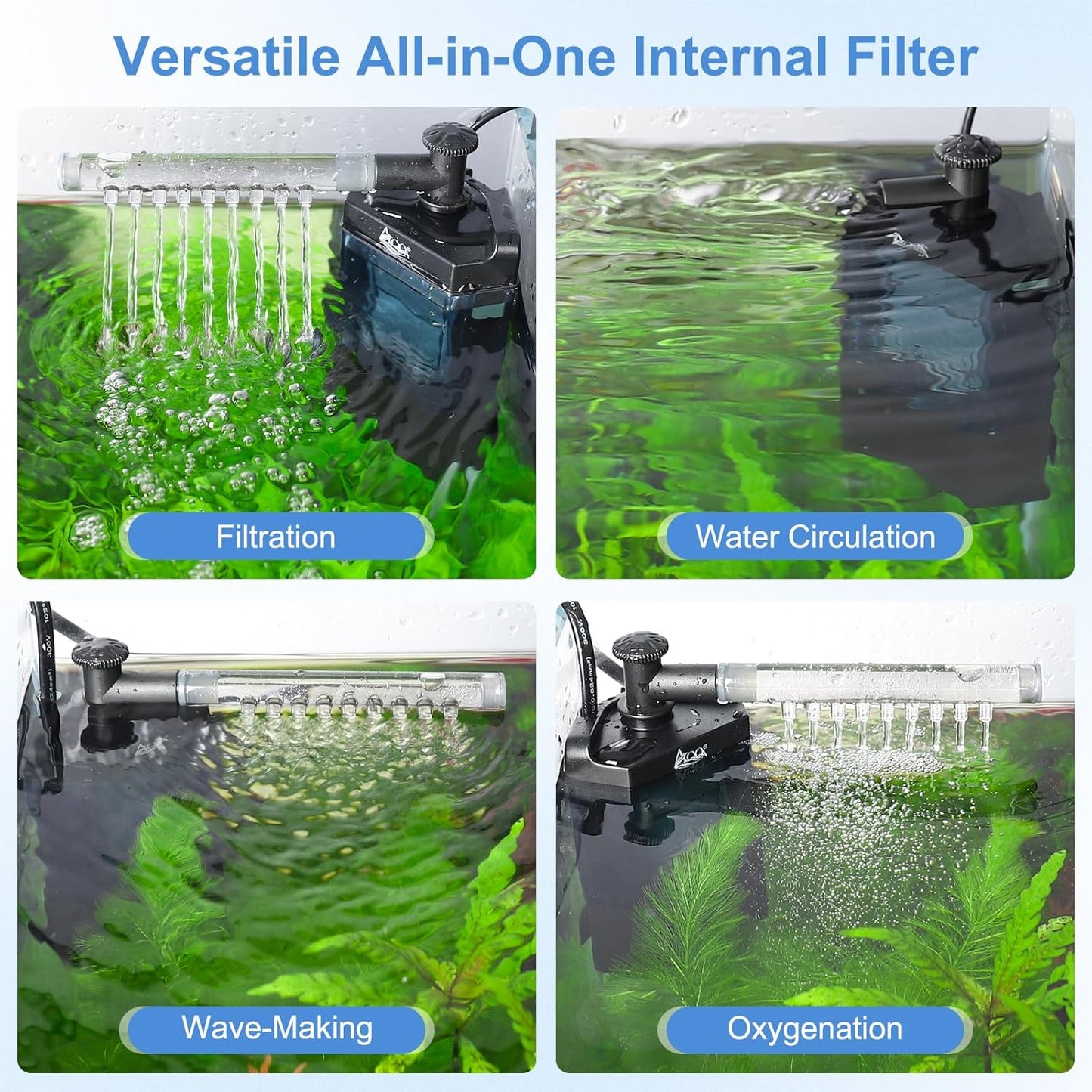 AQQA Internal Aquarium Filter - Submersible 20-40 Gallons Fish Tank Filters, Adjustable Wave Maker, Bottom Inlet Whisper Pump and Underwater Automatic Power Water Filter System for Freshwater (M)