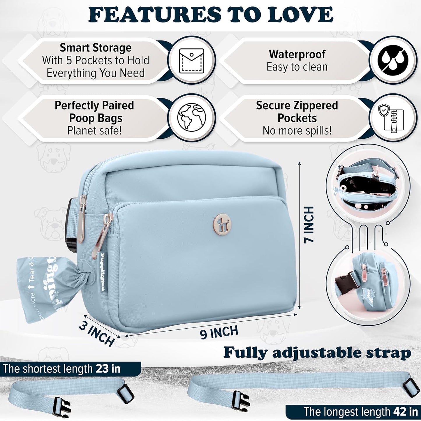 Puppington 3-in-1 Crossbody Dog Walking Bag & Treat Pouch with Matching Planet Safe Poop Bags & Built-In Dispenser - Dog Mom Gift for Puppy Training with Zippered Pockets (Ice Blue)