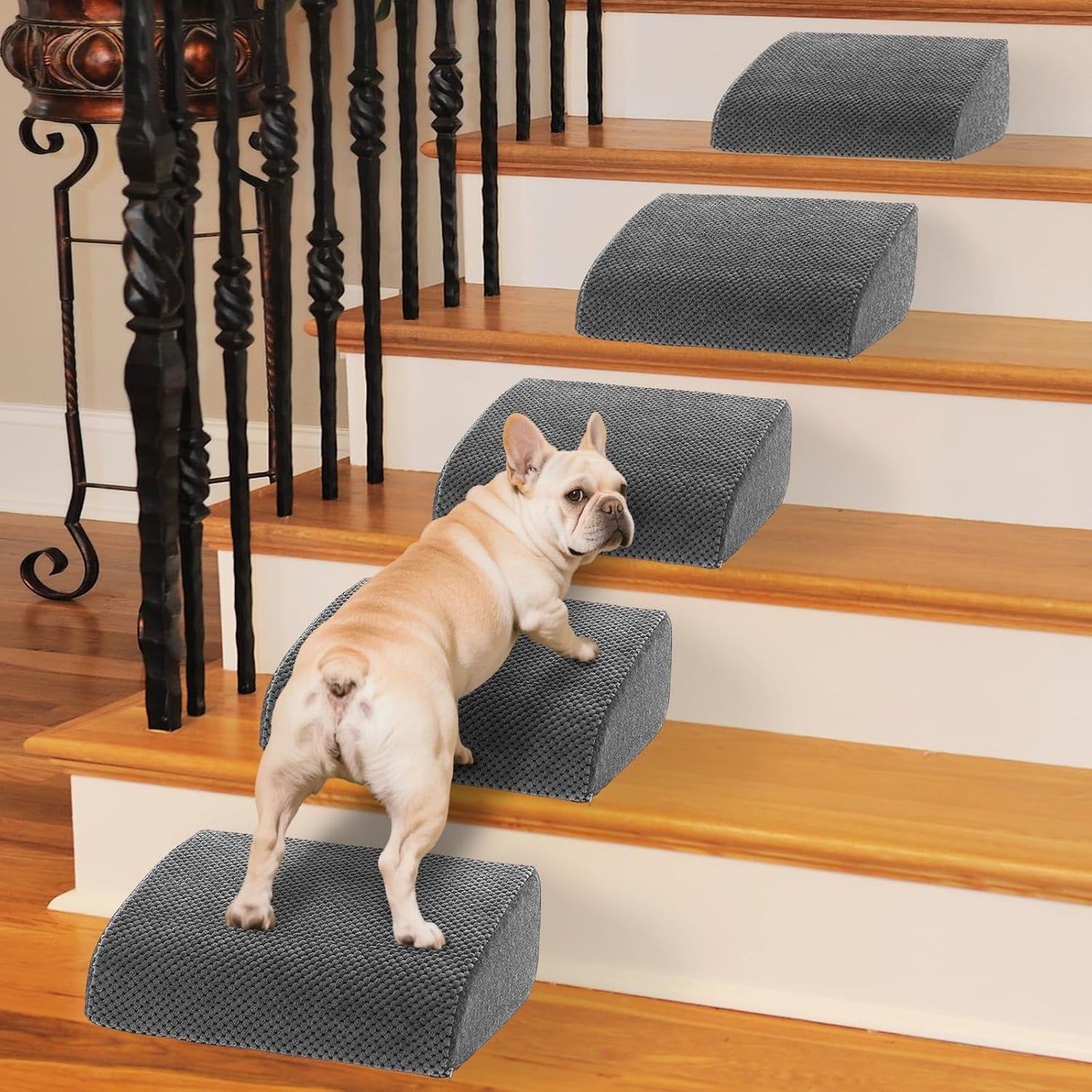 40D Dog Ramp for Stairs for Small & Senior Dogs and Cats – Non-Slip Stair Ramp for Dogs with Gentle Slope, Pet Ramp with Washable Cover & Self-Sticky Pads for Safe Climbing Easy Install(Grey, 5 Pack)
