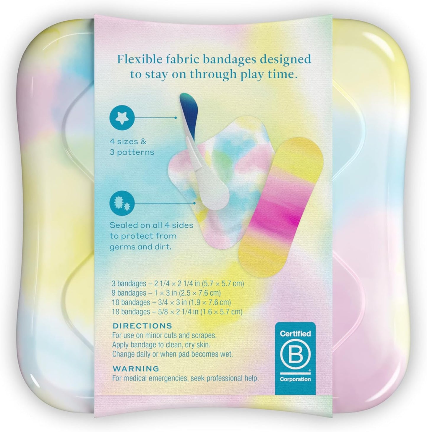 Welly Bandages | Adhesive Flexible Fabric Bravery Badges | Assorted Shapes for Minor Cuts, Scrapes, and Wounds | Colorful and Fun First Aid Tin | Colorwash Tie Dye Patterns - 48 Count