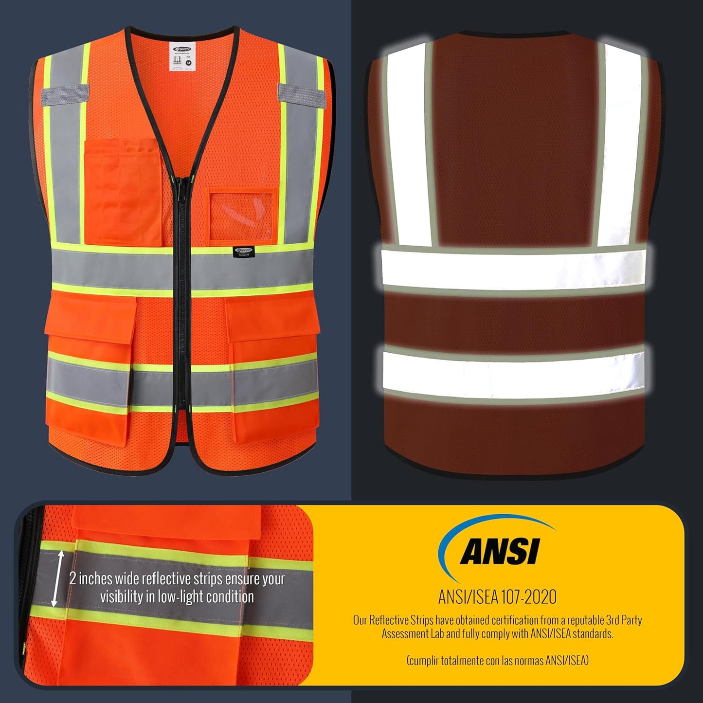 JKSafety Safety Vest for men women Hi Vis Vest with Pockets and Zipper Class 2 High Visibility Meet ANSI Standard（BX320