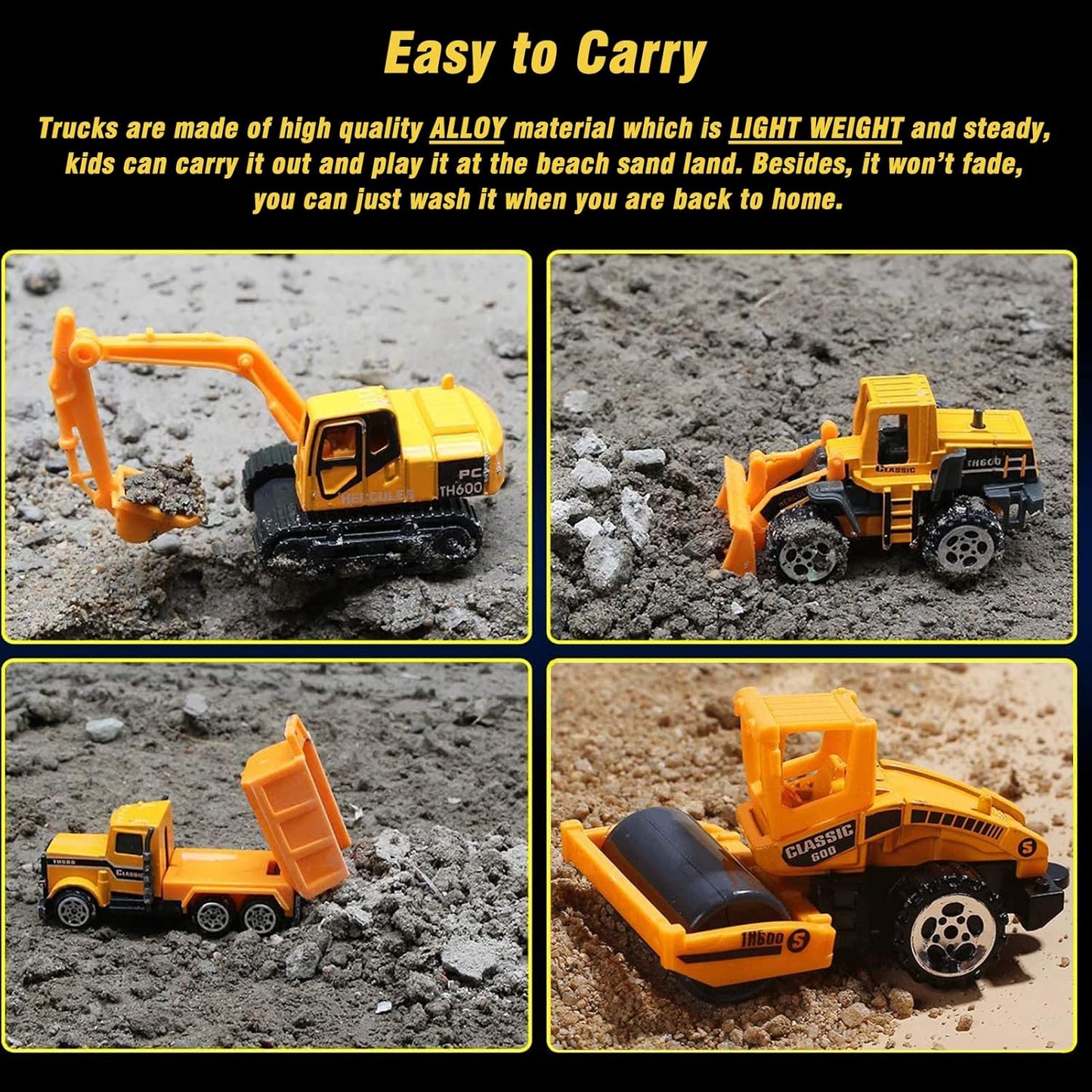 BenRich 6Pcs Mini Die Cast Car 1/64 Scale Alloy Construction Truck Vehicle Model Toy Set - Dump, Excavator, Forklift, Road Roller, Bulldozer, Mixer - Toy Cars for Kids Boys Girls Birthday Xmas Present