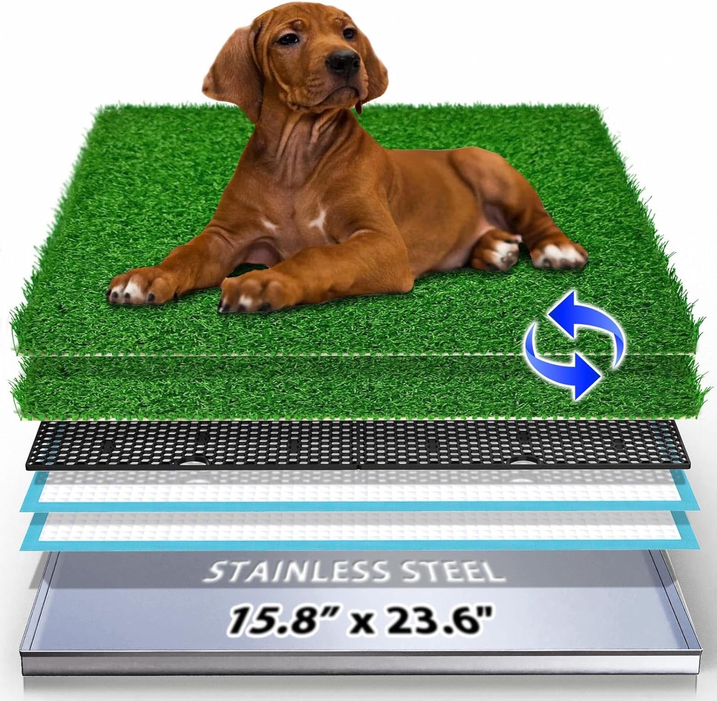 Dog Grass Pad with Tray, Reusable Large Artificial Turf Grass Potty and Puppy Pee Pads for Dogs, Portable Stainless Steel for Indoor/Outdoor Potty Training Toilet (Potty System Size -15.8" X 23.6")