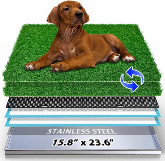 Dog Grass Pad with Tray, Reusable Large Artificial Turf Grass Potty and Puppy Pee Pads for Dogs, Portable Stainless Steel for Indoor/Outdoor Potty Training Toilet (Potty System Size -15.8" X 23.6")
